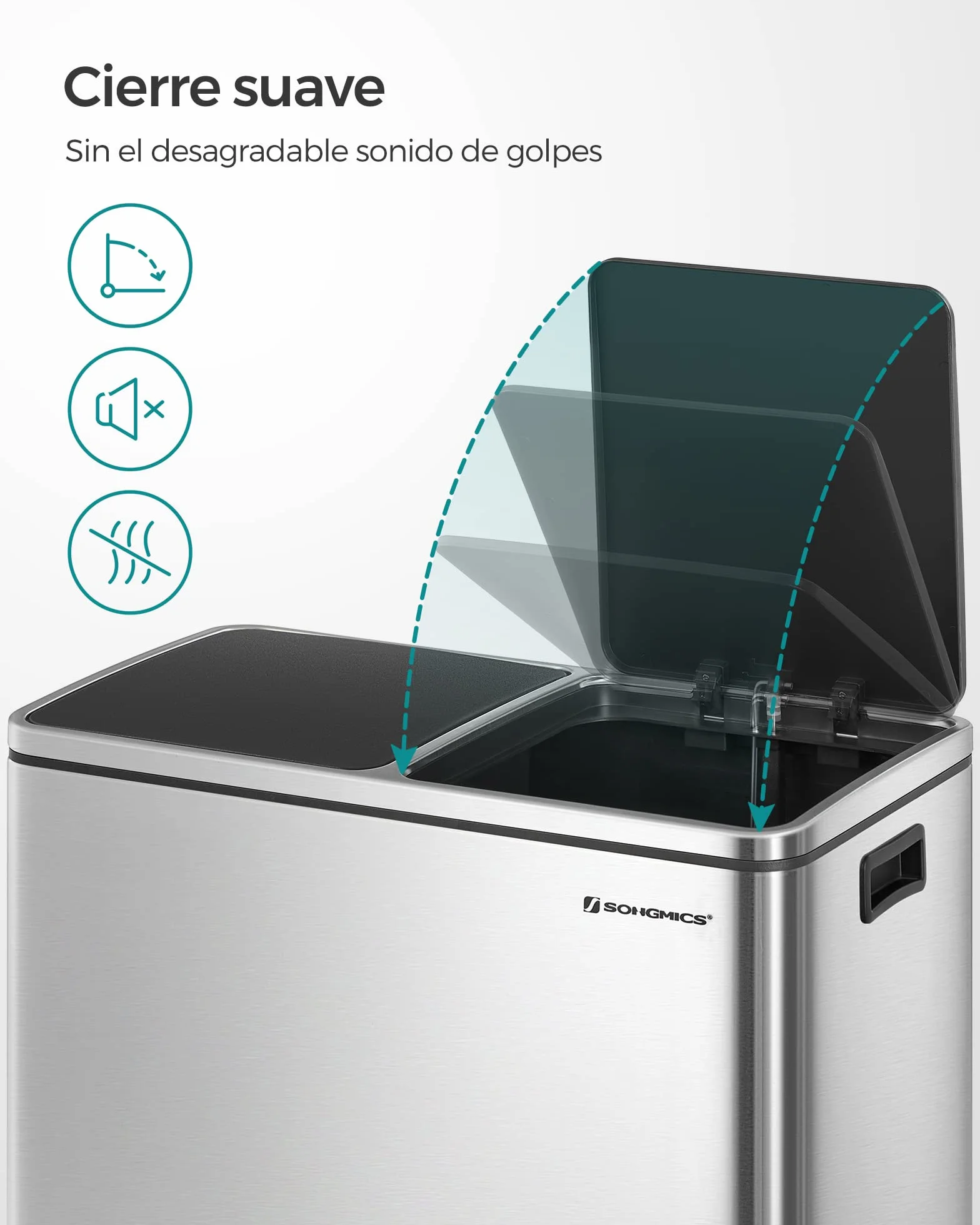 SONGMICS Cubo de Basura, 2 x 30 L, 2 Cubos, Reciclaje, Pedal de Metal, 15 Bolsas de Basura, Cubos Interiores de Plástico y Asas, Tapa con Bisagras, Cierre Suave, Hermético, Plata y Negro LTB60NL