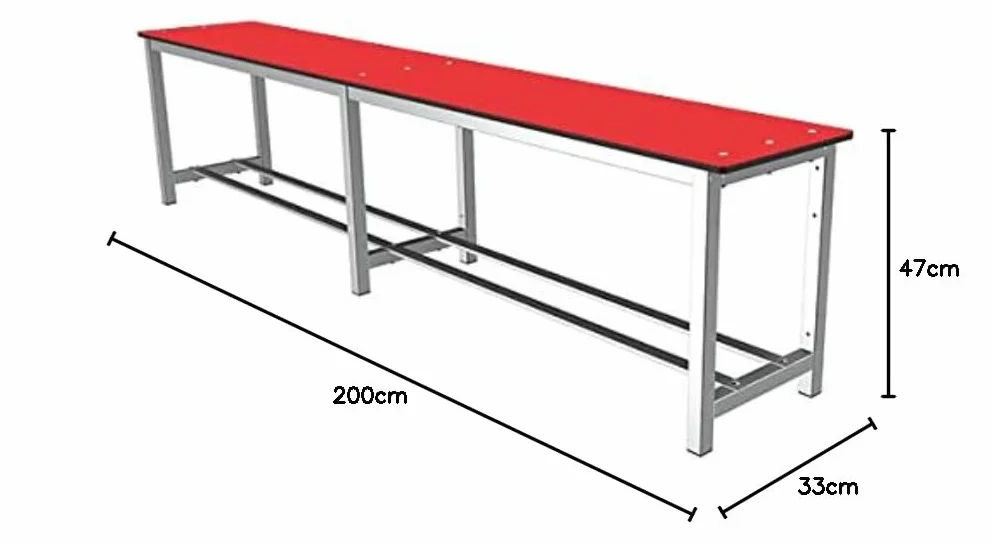 Banco Vestuario Desmontado. Estructura Metálica Gris - Asiento Fenólico Rojo. Dim: 480 mm x 2000 mm x 340 mm