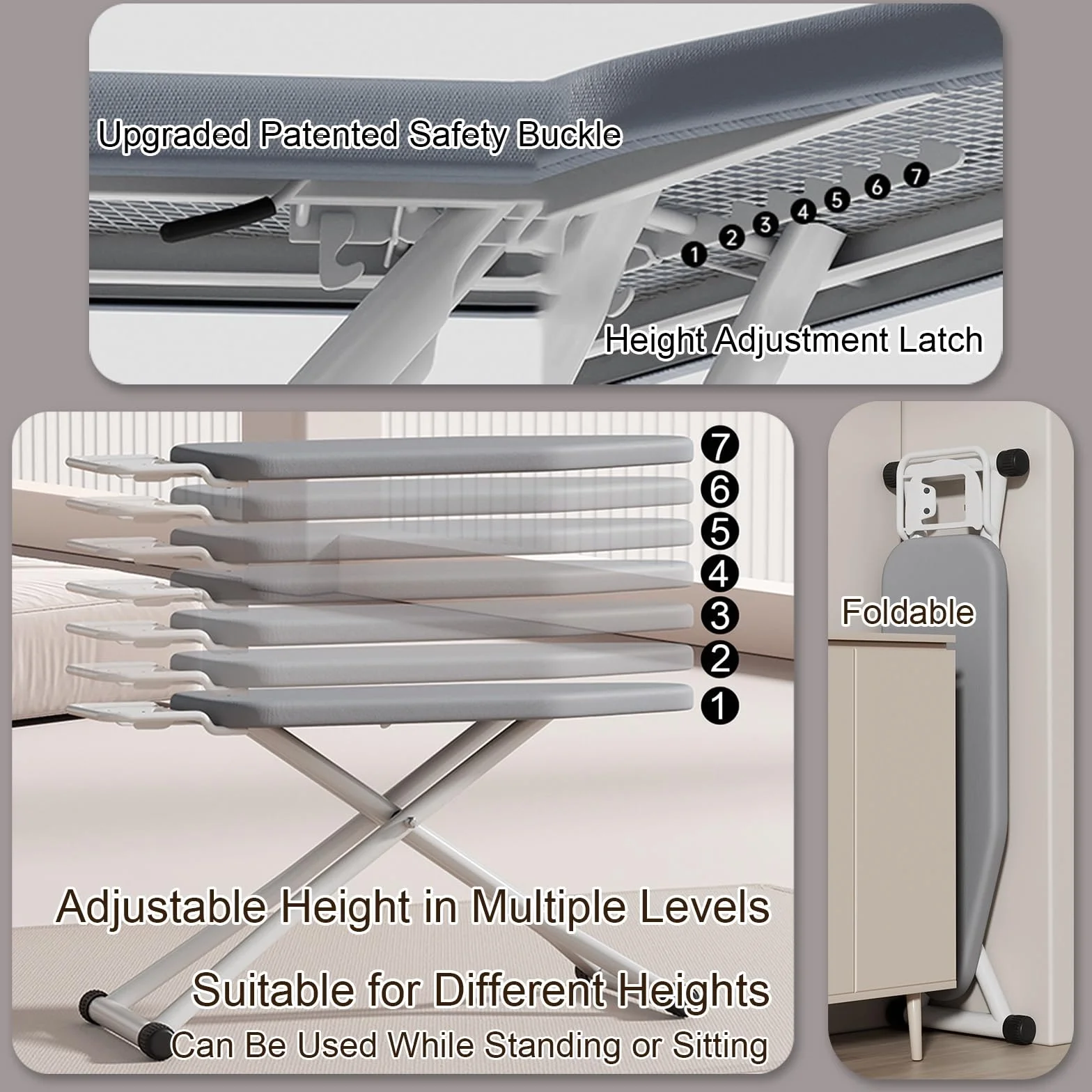 Tabla de Planchar Plegable Grande con Soporte para Mangas y Plancha Soporte (para Colgar Ropa), Mesa de Planchar de Sobremesa con Altura Ajustable de 7 Posiciones