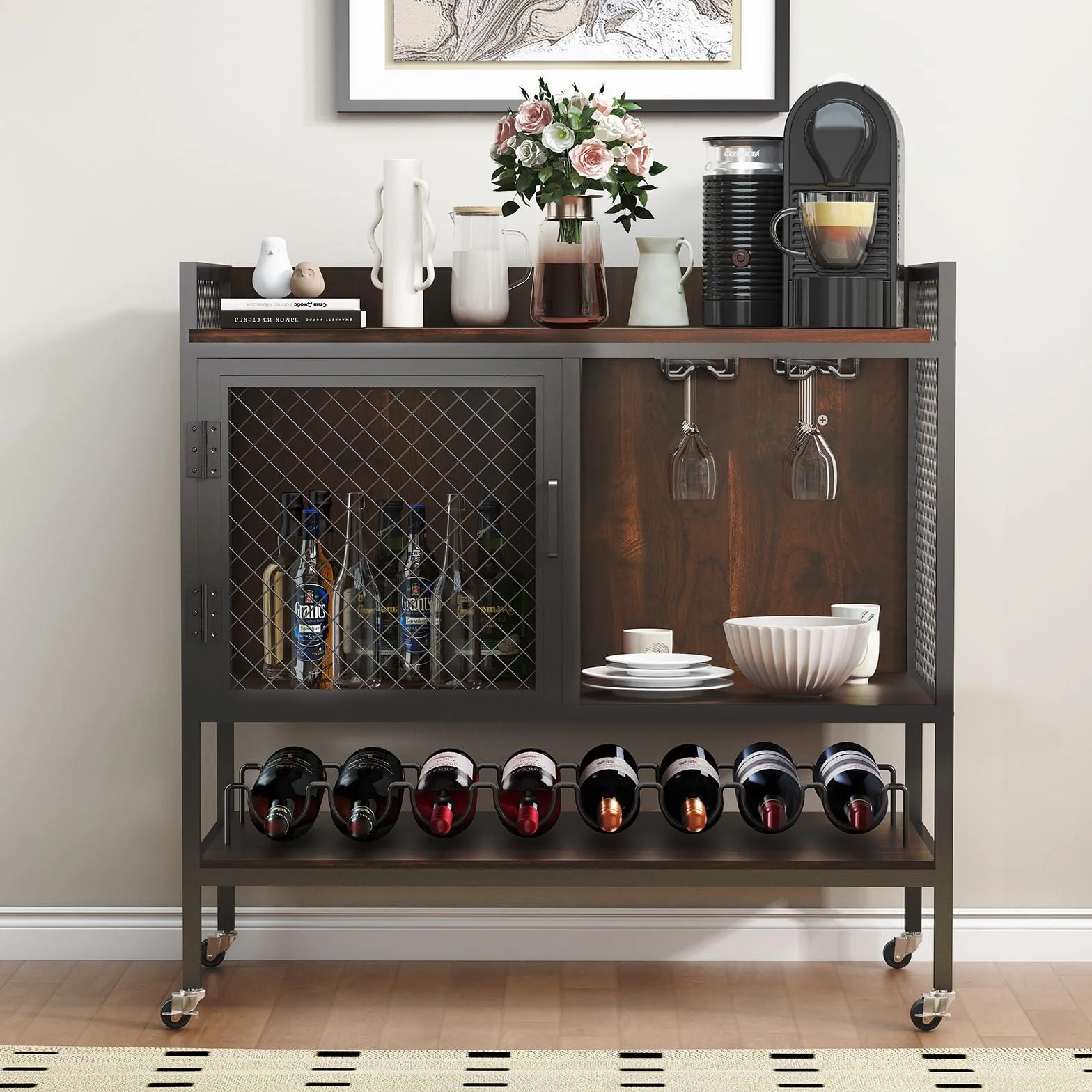 Armario para Vino, aparador, Mesa de Bar de 3 Niveles con Ruedas, Estante para Vino, Soportes para Copas, Puerta de Malla, Armario de Almacenamiento de Cocina Industrial (Vintage)