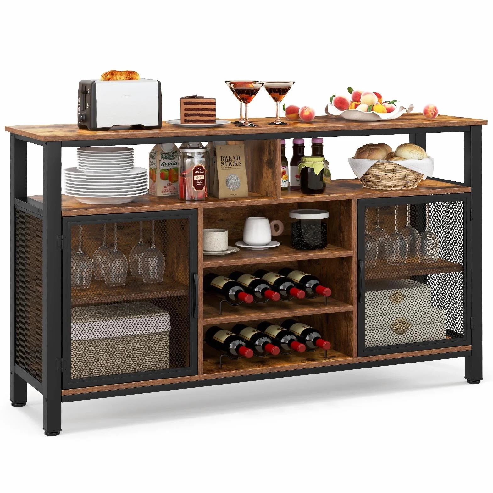 GOPLUS Mueble para Vinos, Estación de Café de 140 Cm con Estantes para 8 Botellas de Vino y Soportes para Copas, Aparador de Cocina con Almacenamiento para Comedor, Sala de Estar (Marrón)