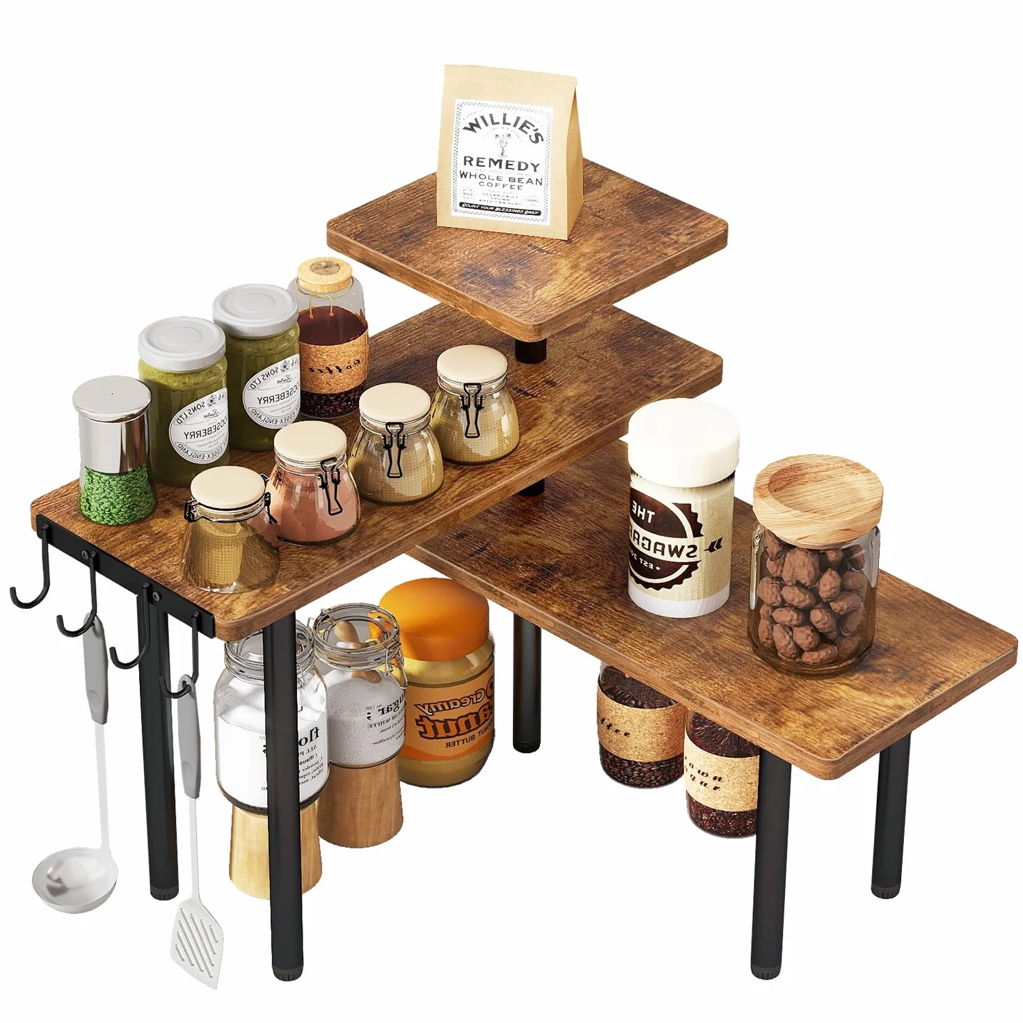 IBUYKE Estantería esquinera para Cocina, Estante para Especias de 3 niveles,4 ganchos,organizador de almacenamiento de especias,Estante de Pie,para baño, mostrador,armario,marrón rústico,TLJ023H