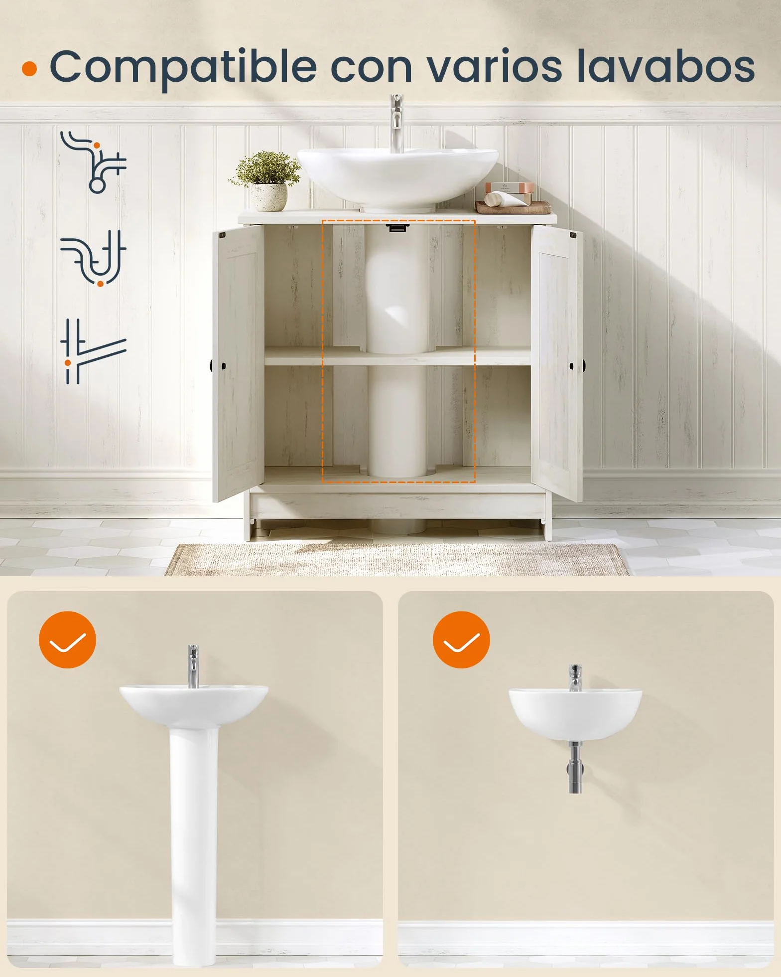 SONGMICS Home Mueble Bajo Lavabo para Baño, Montaje Súper Rápido Sin Herramientas Toolless, Armario con Estante Ajustable, para Lavabos con o sin Pedestal, Blanco Rústico BBC223WJ01