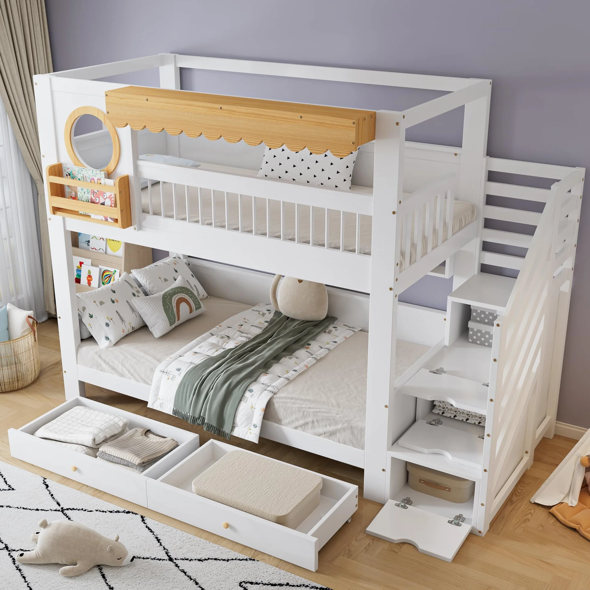 Dolamaní Cama infantil litera, 90 x 200 cm, litera para 2 niños y 2 cajones con ruedas, cama de casa con espacio de almacenamiento, escalera de madera de pino MDF, cama para niñas (sin colchón