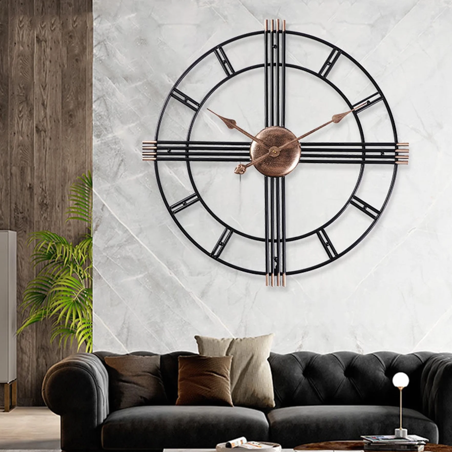 Reloj de Pared metálico con Grandes números Romanos, 60 cm Redondo Vintage silencioso de Metal, Moderno sin tictac Funciona con Pilas, Incluye Gancho e Instrucciones