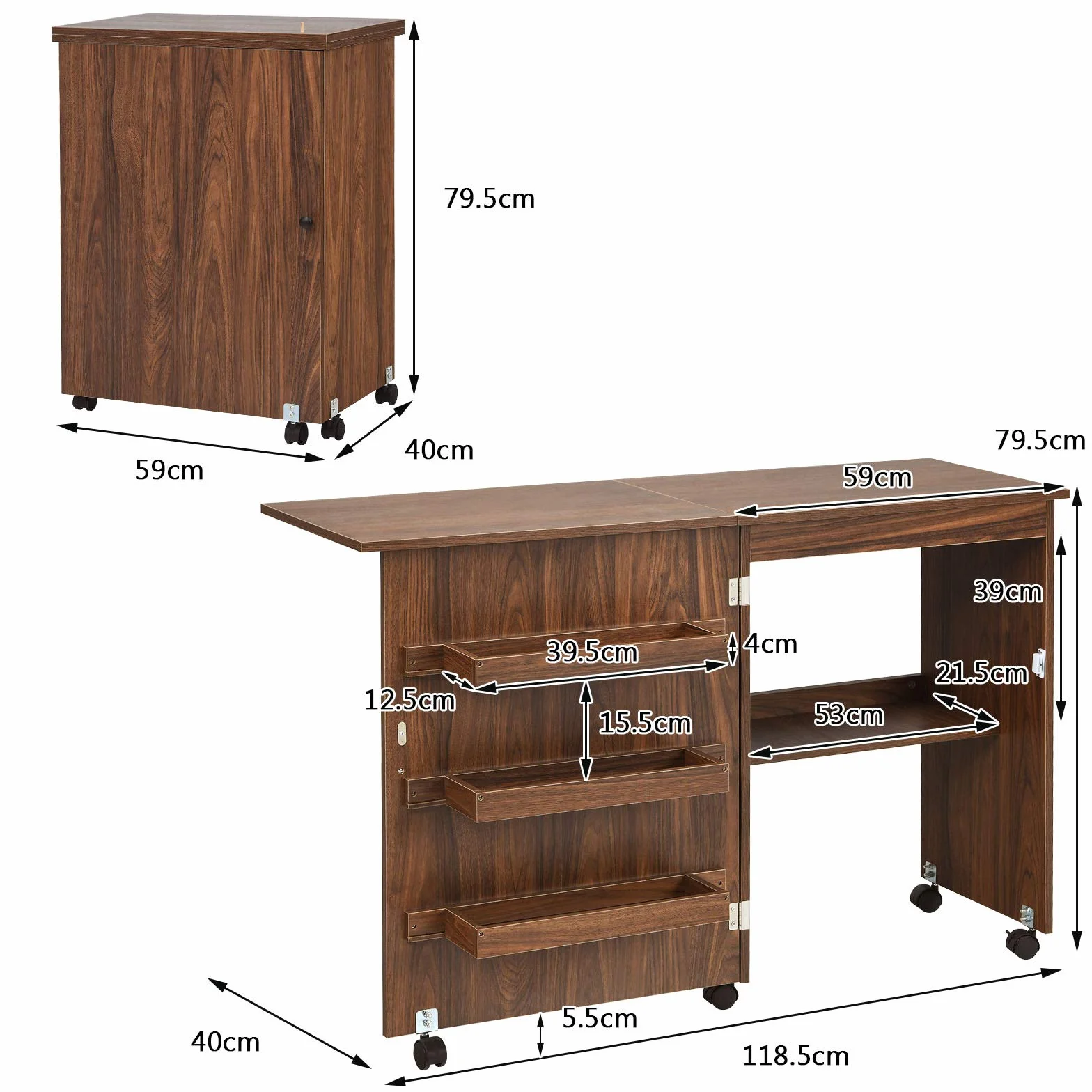 COSTWAY Mesa Maquina de Coser Plegable, 2 en 1 Mueble Maquina Coser con 3 Compartimientos, 1 Estante de Almacenamiento y 5 Ruedas Bloqueables, Mesa de Costura Que Ahorro de Espacio (Marrón Oscuro)