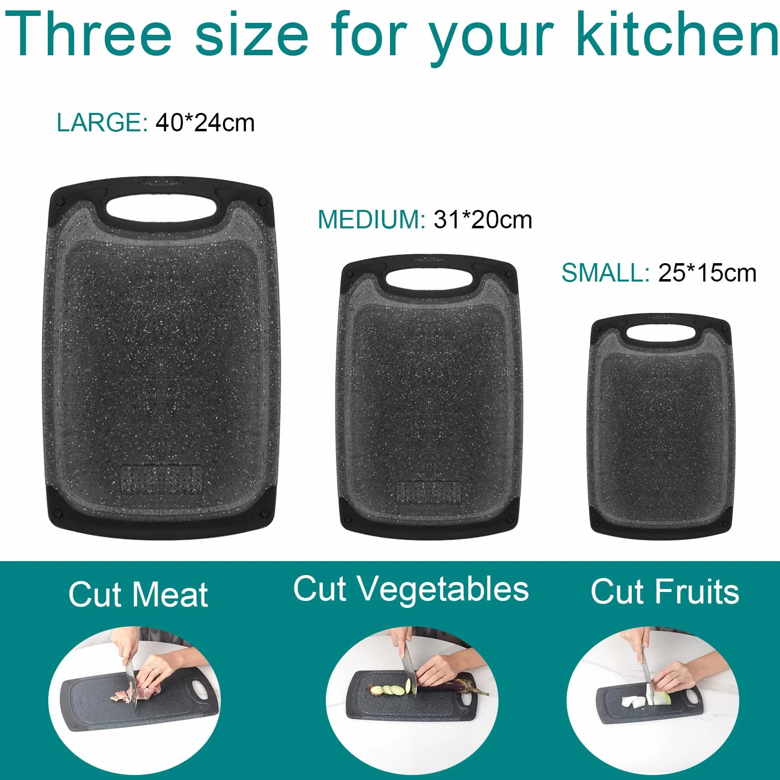 Set 3 Tablas de Cortar de Plástico 40x24/31x20/25x15 cm, Sin BPA, Ranura para Jugo, Antibacteriana para Verduras, Frutas, Carnes