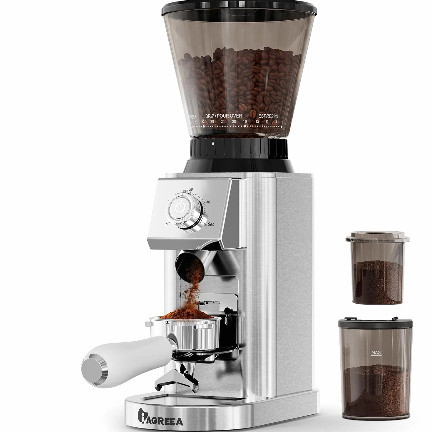 IAGREEA Molinillo de café cónico de acero inoxidable con 48 ajustes precisos para café expreso con control de molienda antiestático, perilla giratoria ajustable para uso doméstico