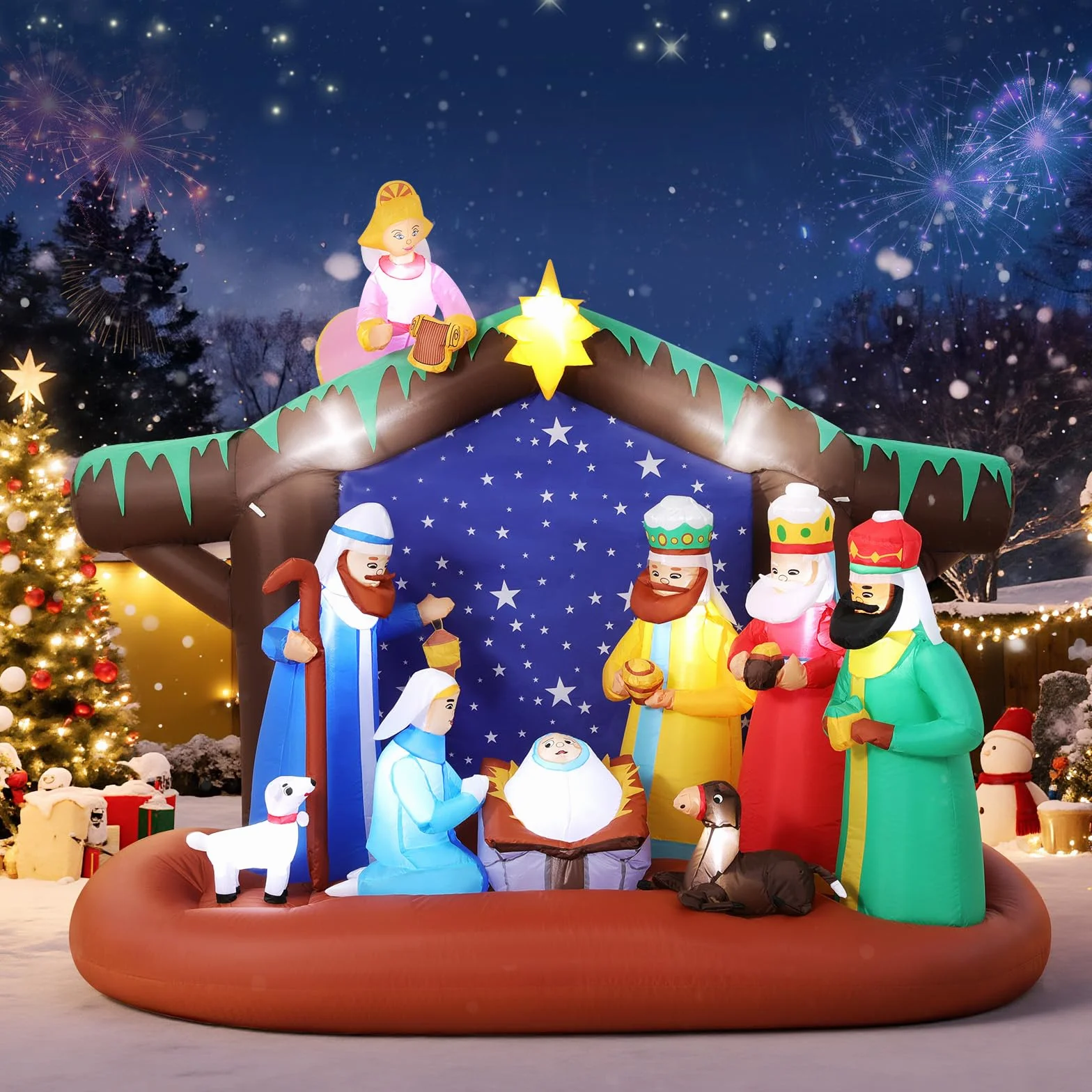 Lewondr Decoraciones Navideñas Inflables Belén para Exteriores, 7FT Inflable Navideño con 12 Luces LED, Iluminado De Belén Impermeable para Decoración Navideña De Jardín