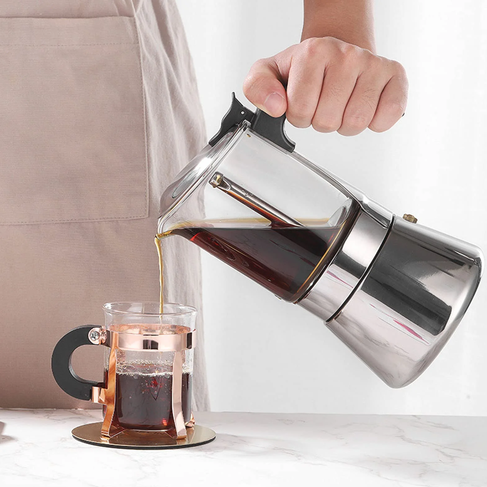 BuyWeek Cafetera Moka Pot, Cafetera Espresso de Tapa de Cristal Cafetera Italiana Clásica Cafetera para Estufa 4 Tazas
