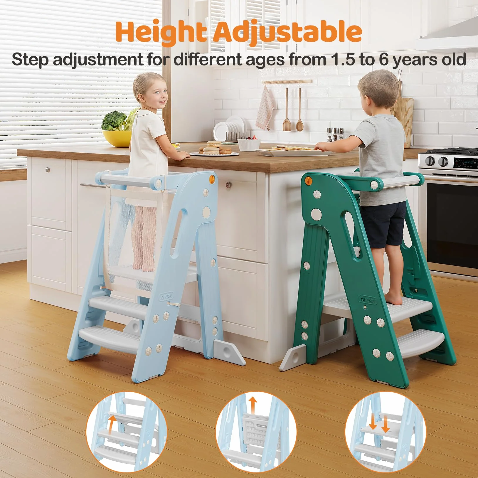 Onasti Torre de Aprendizaje Montessori Plegable Ajustable 2-3 Escalones Azul