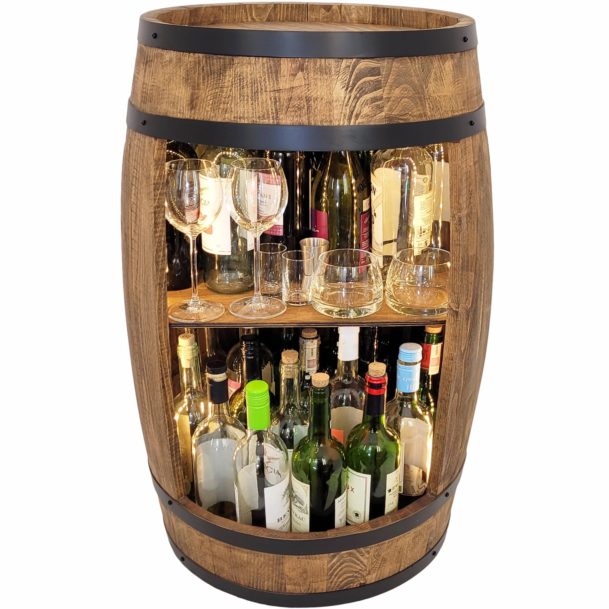 weeco Barril de Madera con iluminación LED XL. Barril de para Vasos y botellasBarril de decoración Vintage para salón. Minibar Set de Regalo de Mesa de Bar con Madera
