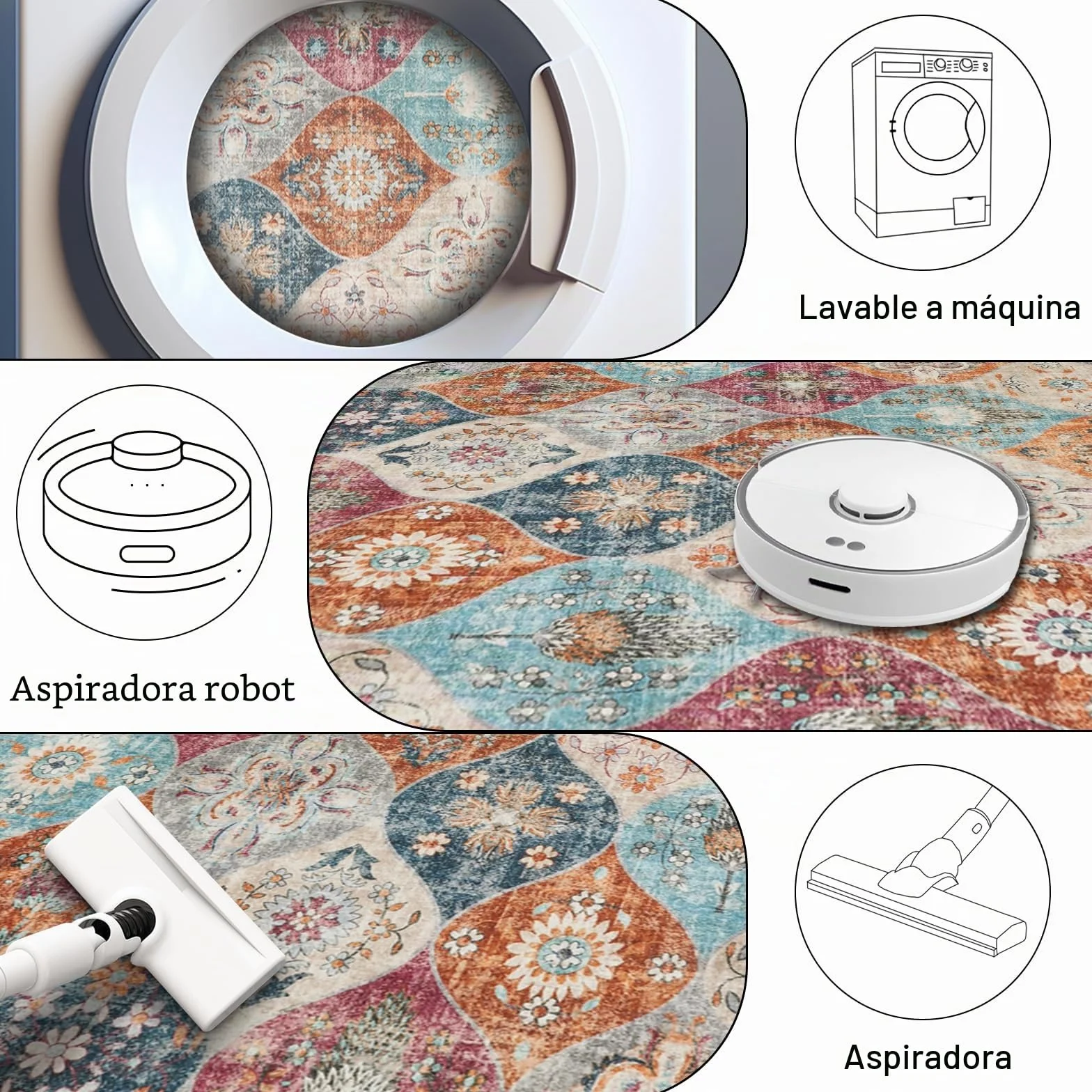 Xfrog Alfombra Bohemia con Flores, Antideslizante, Lavable, ultrasuave, Antigua, de Pelo bajo, para salón, Dormitorio, habitación Infantil - 160 x 230 cm