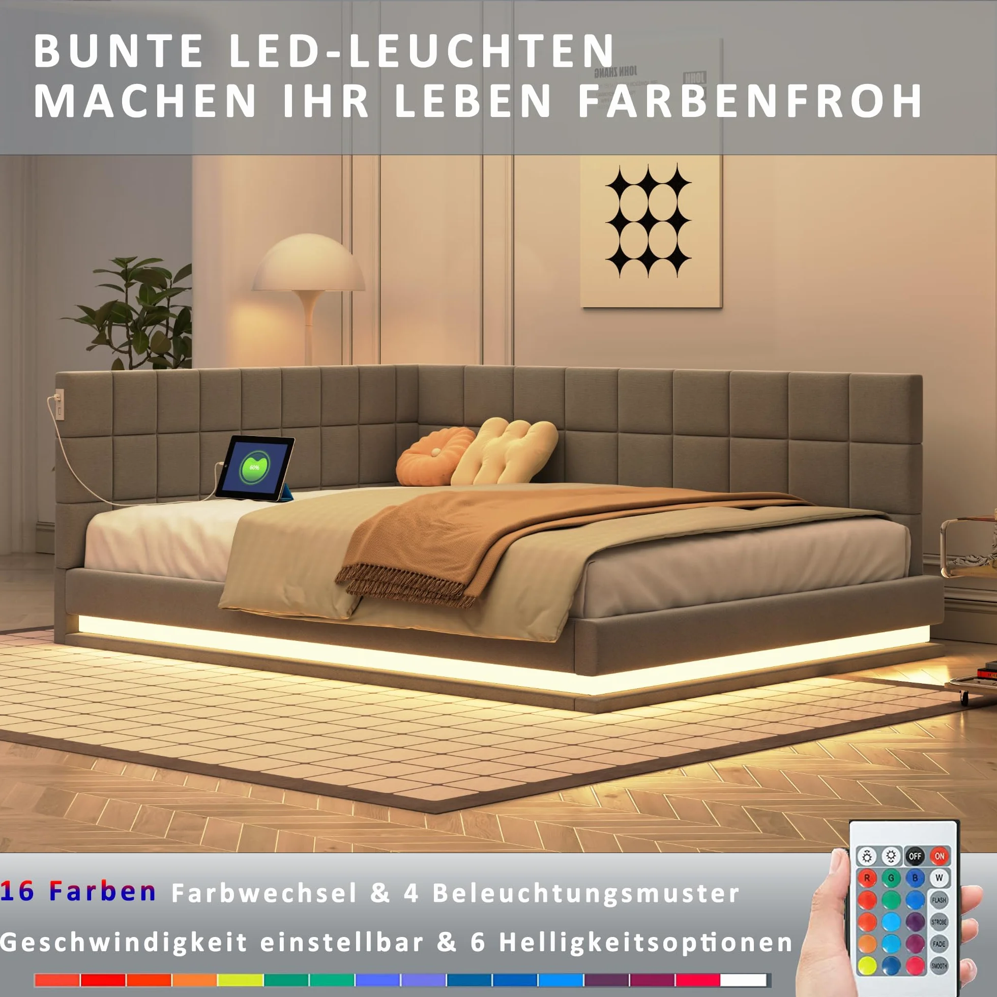ZYLOYAL10 Cama tapizada para sofá cama multifunción con somier de láminas de tela aterciopelada agradable al tacto (tira de luz LED gris, 140 x 200 cm)
