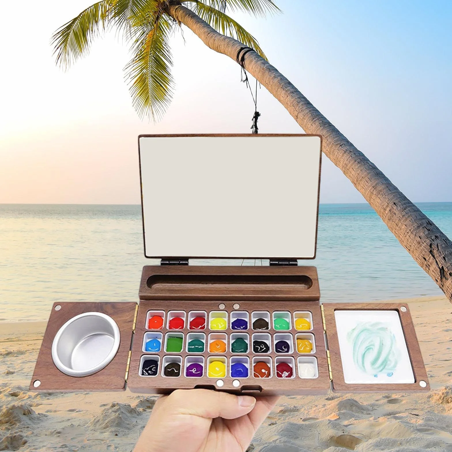 Perfeclan Caja de Pintura de Acuarela, Paleta de Pintura de Viaje Plegable para Pintar y Hacer Manualidades con área de Mezcla, Bandeja de Pintura de Madera,