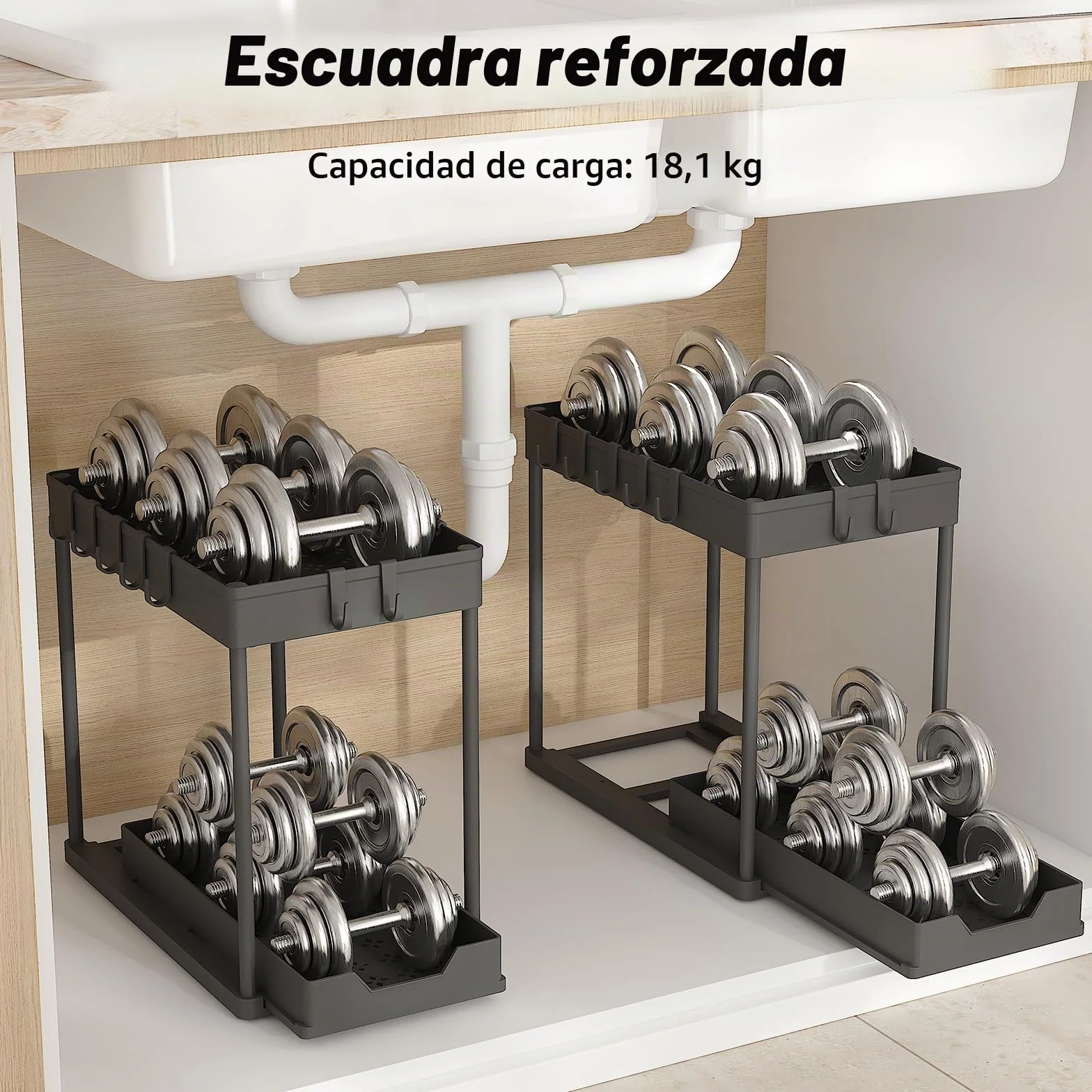 Organizador Cocina 2 Niveles para Debajo del Fregadero - Estante Almacenamiento Extraíble con 16 Ganchos, Negro