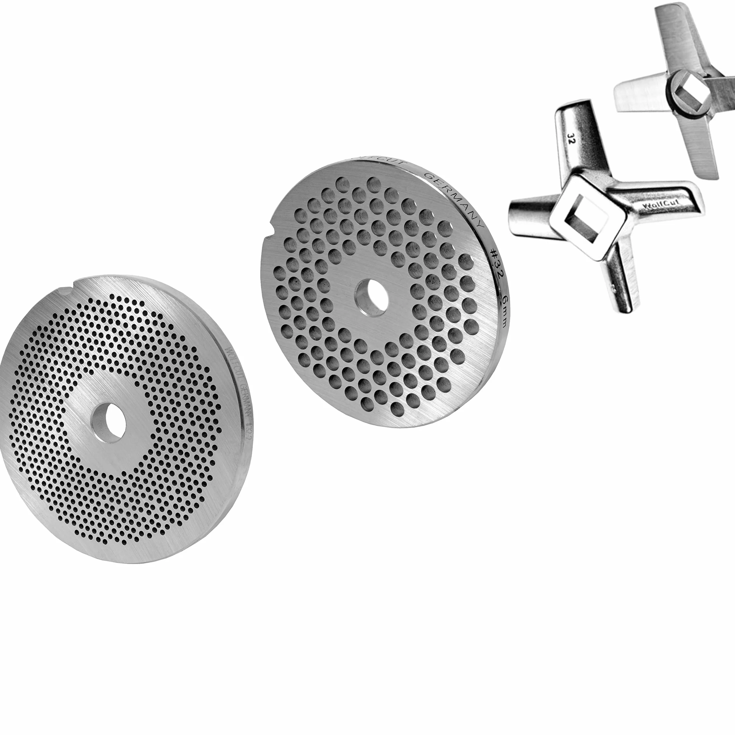 Juego de discos perforados compatibles con picadora de carne de 32/2 mm-6 mm y un cuchillo en cruz plano.