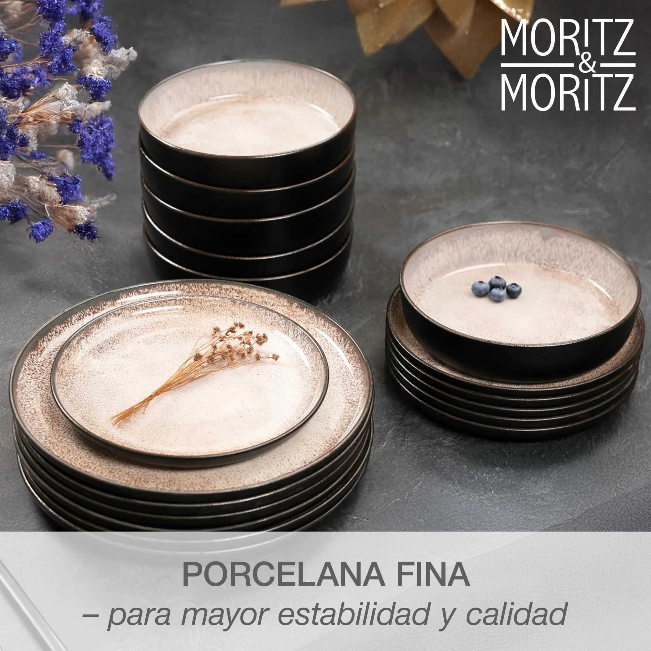 Moritz & Moritz VIDA Juego de 18 piezas de platos de mesa Juego de vajilla combinada en beige para 6 personas - de porcelana apta para el lavavajillas y el microondas