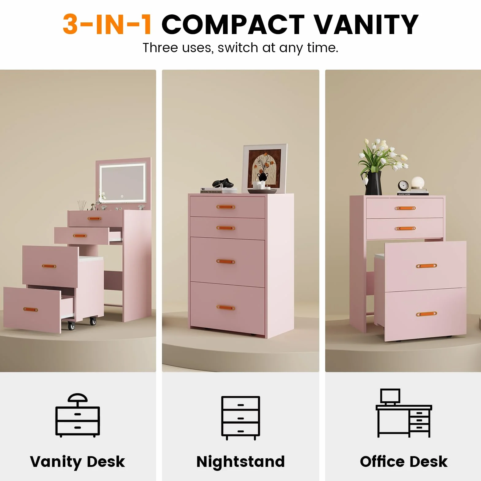 Garvee Tocador Moderno 3 en 1 para Dormitorio con 3 Cajones, Mesa de Maquillaje Multifuncional