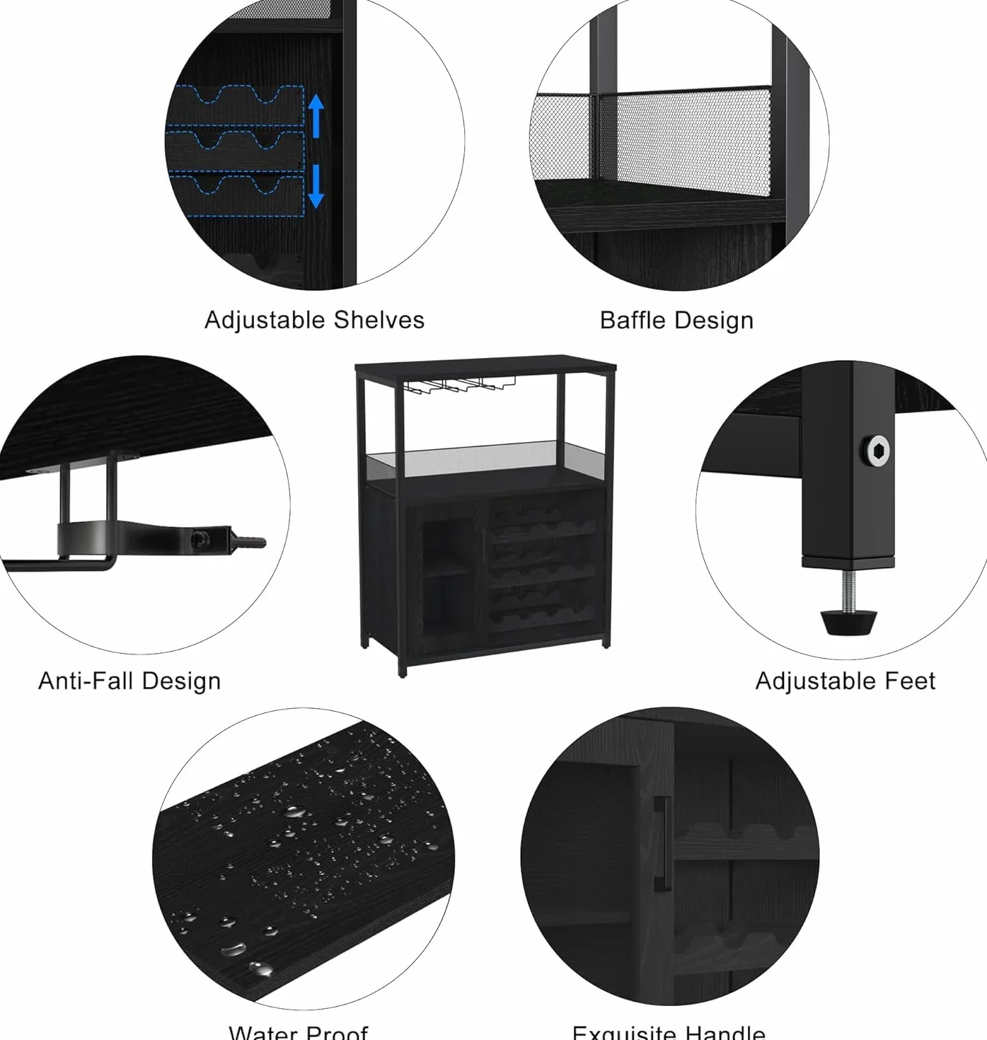 Garvee Botellero Industrial con Estante Ajustable para Vino y Soporte para Copas, Armario para Bebidas para Cocina, Comedor, Salón, 70x35x92 cm, Negro