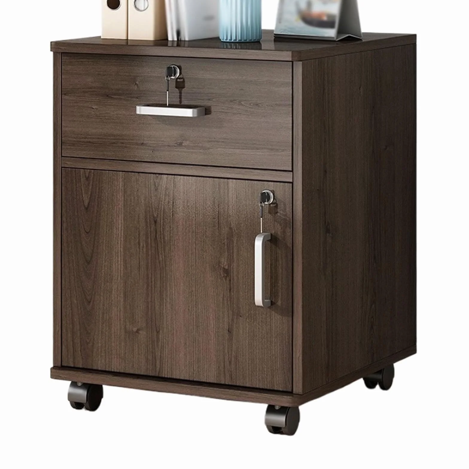 Gabinete de almacenamiento de documentos Archivador de oficina, un cajón madera con una puerta, gabinete almacenamiento, archivador cerradura, rueda , lateral pequeño deslizante De pie(Bruin)