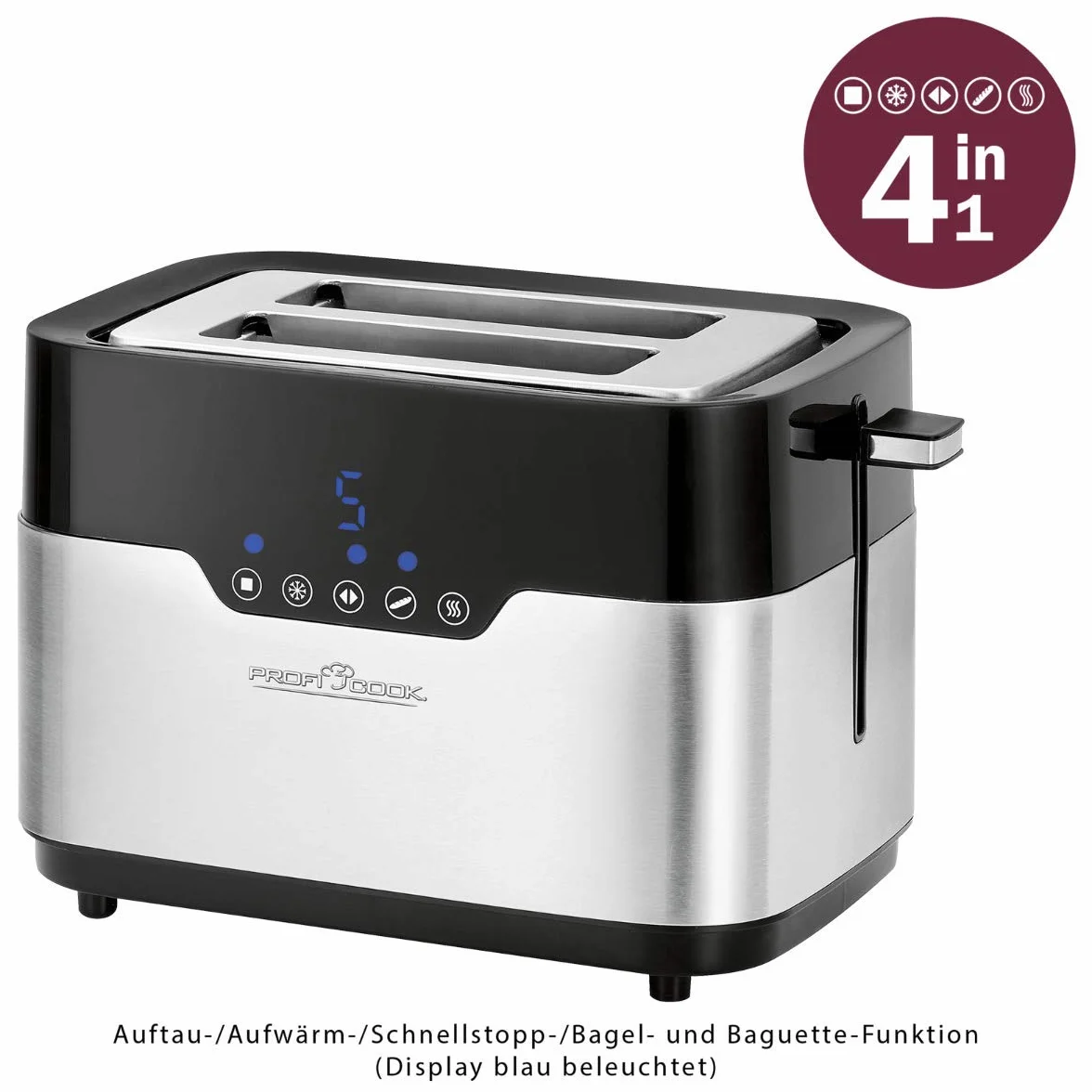 ProfiCook PC-TA 1170 Tostadora de 2 discos, Sensor Touch, Soporte para panecillos, Cajón para migas, Función de centrado, Almacenamiento compacto, 7 niveles de bronceado, Negro