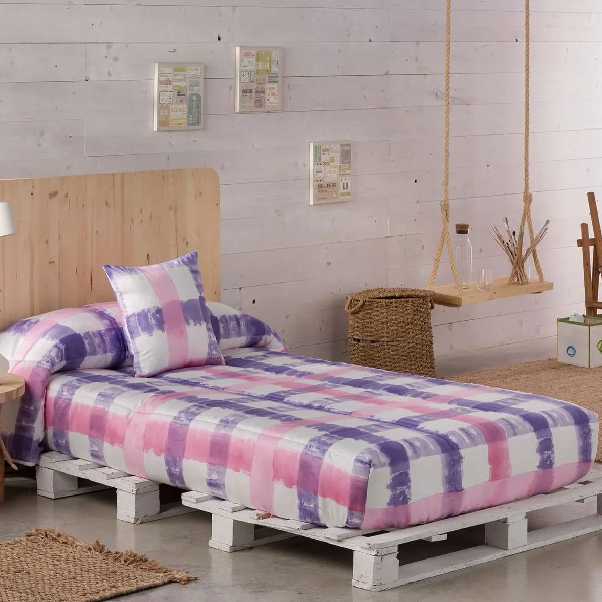 Edredón Ajustable Cuadros Lila Lanovenanube Cama 90 150 gr | Edredón ajustable CUADROS lila Lanovenanube cama 90 150 gr