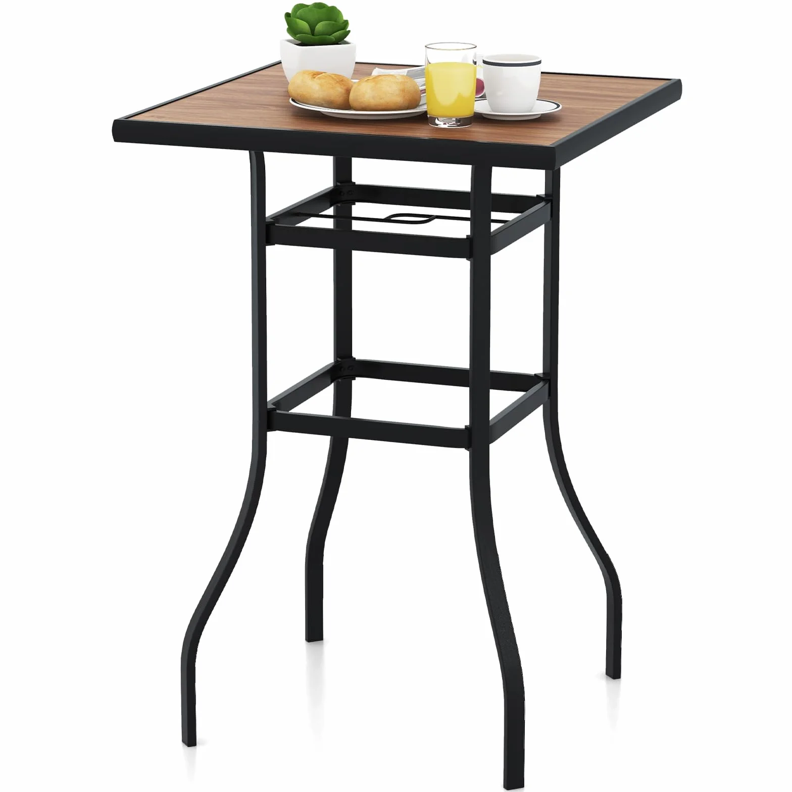 COSTWAY Mesa Alta Cocina, Mesa Alta Cuadrada 70cm, Mesa Bar con Orificio para Sombrilla de 39 mm, Estructura de Metal, Mesa Alta Exterior Jardin Terraza