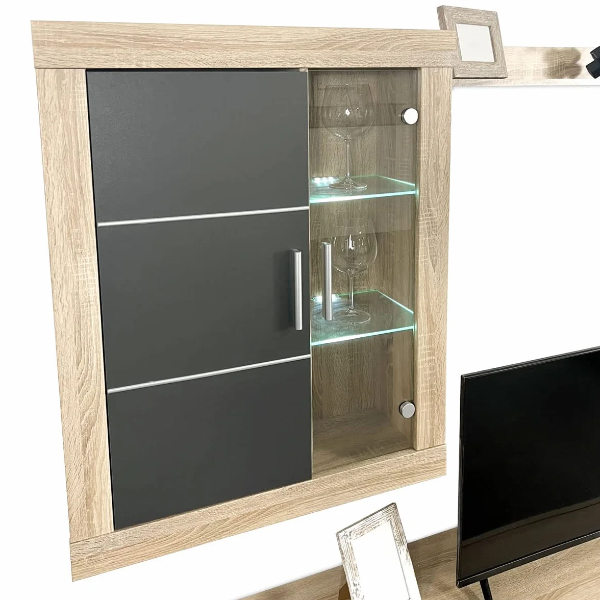 Homey - Mueble de Salón Moderno con Leds, Módulos de Comedor, Modelo Freim, Acabado en Cambria y Grafito, Medidas: 259 cm (Ancho) x 132,5 cm (Alto) 40 cm (Fondo)