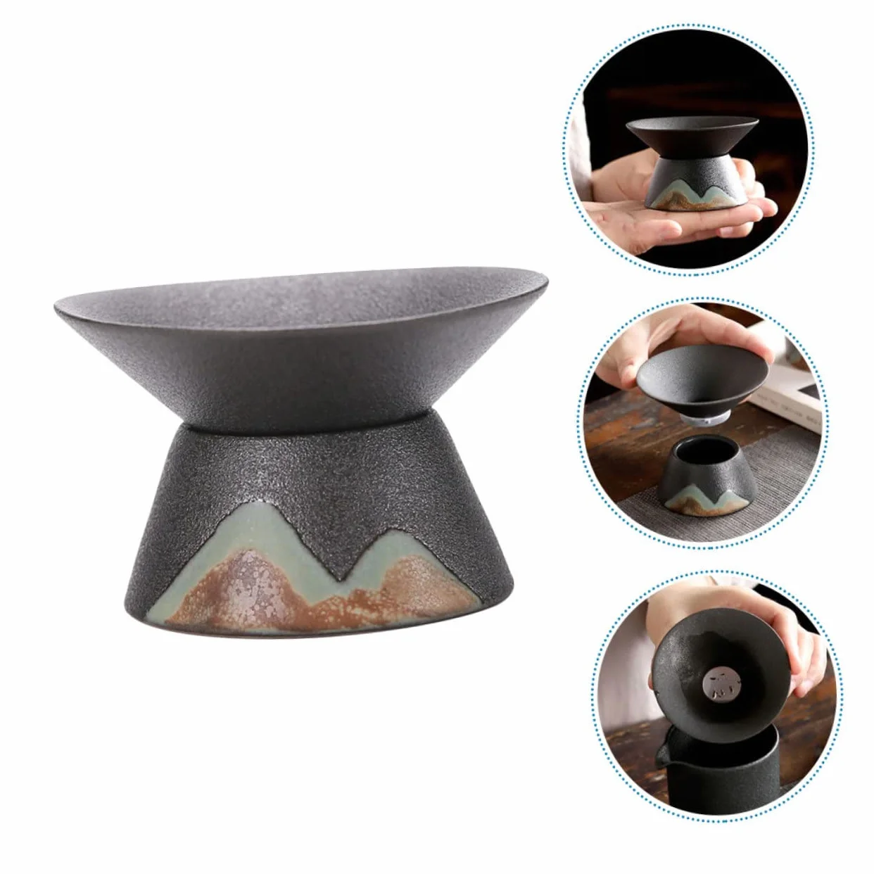 GALPADA 3 Piezas filtro de té colador de té embudo drenar Porcelana descafeinado té de menta verde colador de te tea strainer artículos de té filtro de té de uso doméstico cerámica Black