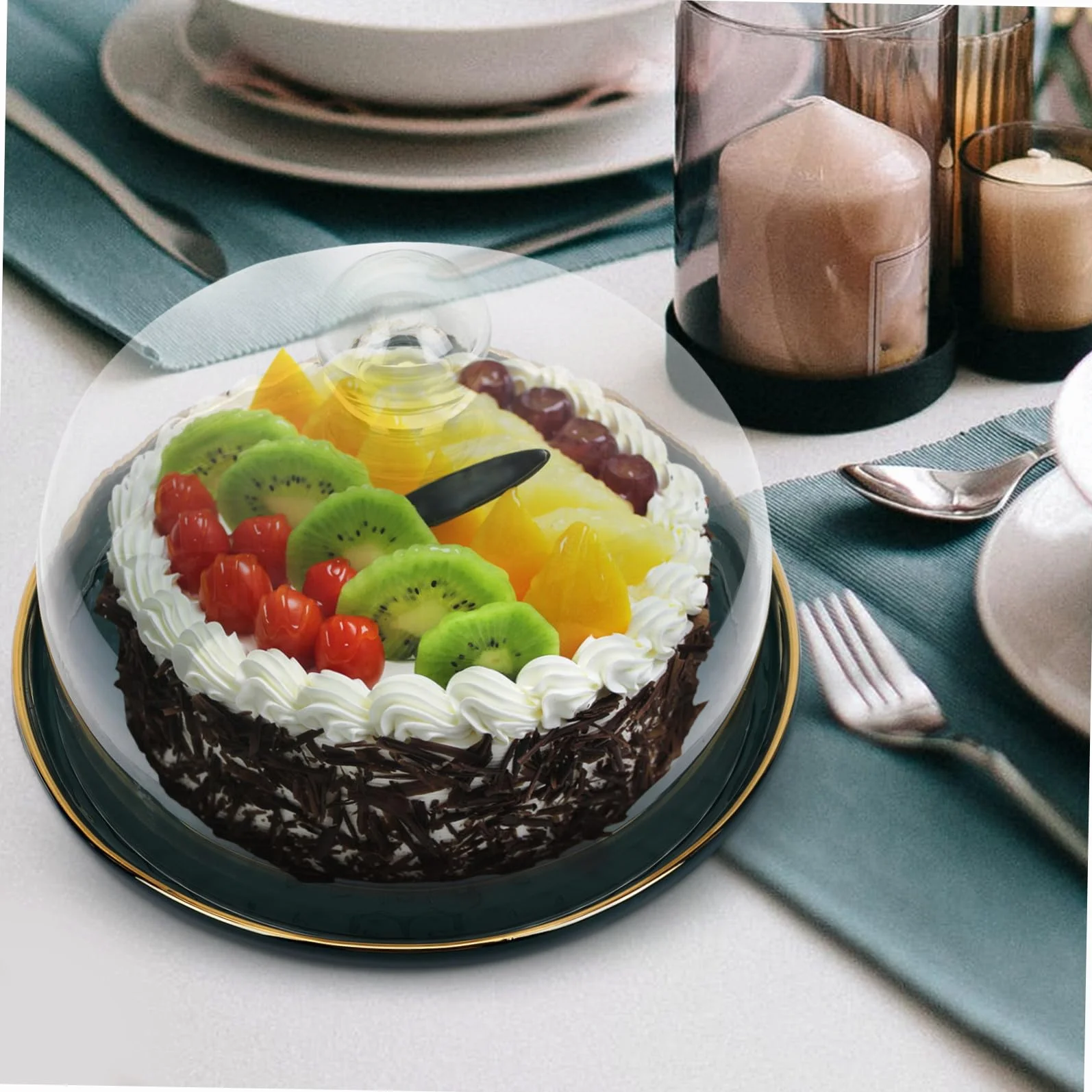 KICHOUSE Juego de Bandeja de Postres y Plato para Almacenar Frutas con Tapa de Vidrio, Bandeja de Cerámica Segura y Elegante para Fiestas Familiares y Bodas