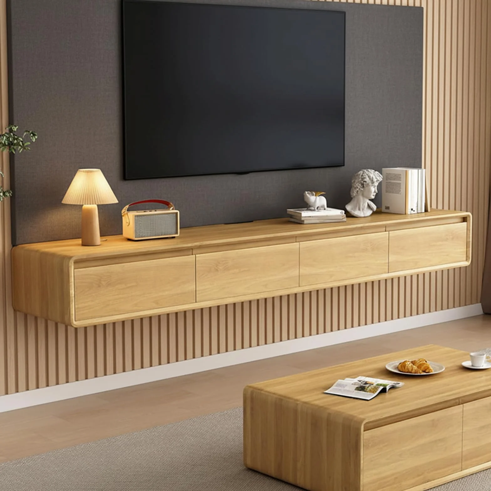 zaqiming Mueble de TV Suspendido con 2 Puerta 2 cajón, 160-240CM Madera Maciza muebele TV para TV para Salón, Dormitorio (Wood Color, 160X24X20CM)