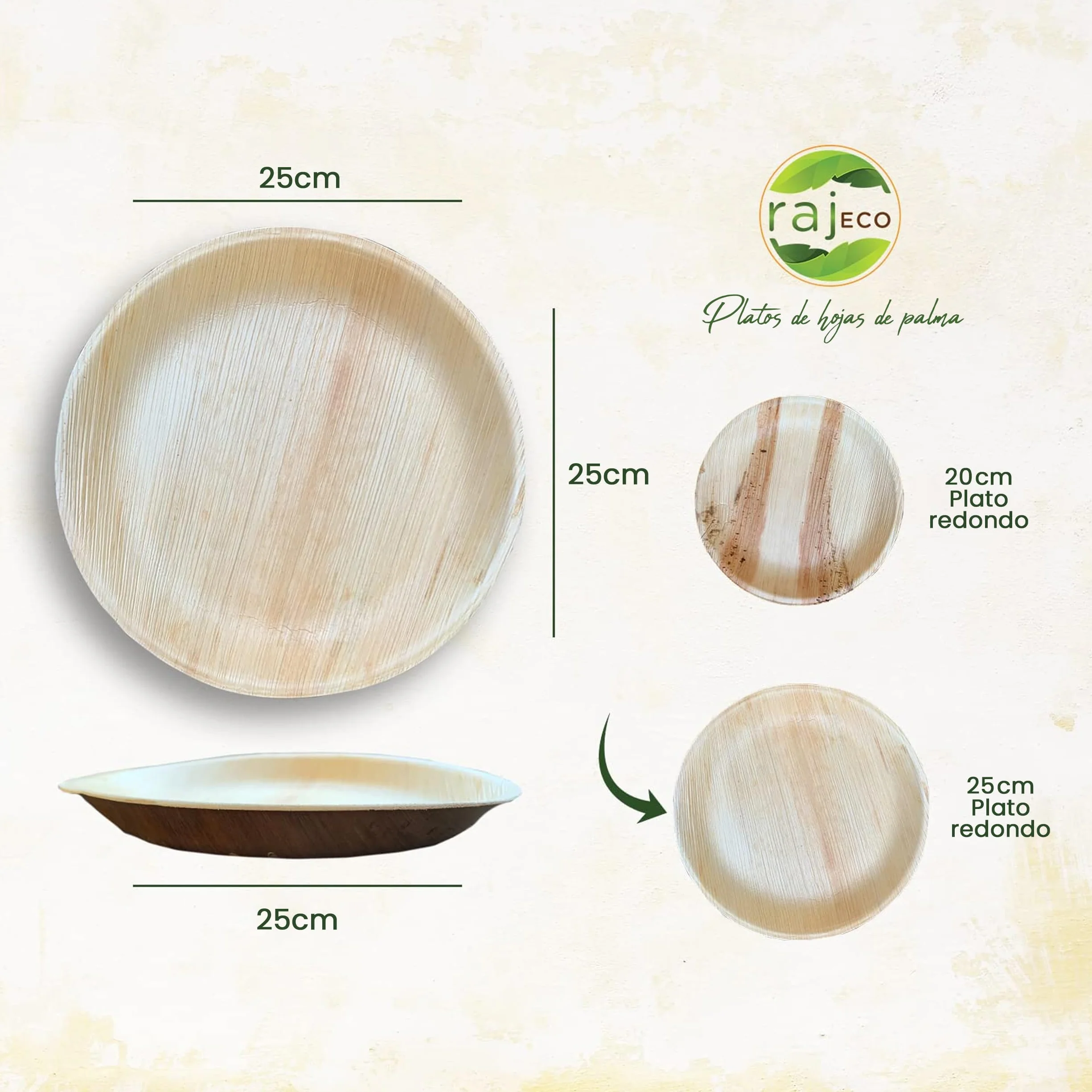 Raj Platos de Hoja de Palma 25 piezas 25 cm redondos | Desechables, resistentes y compostables - Vajilla decorativa para bodas, cumpleaños, camping, BBQ y picnic