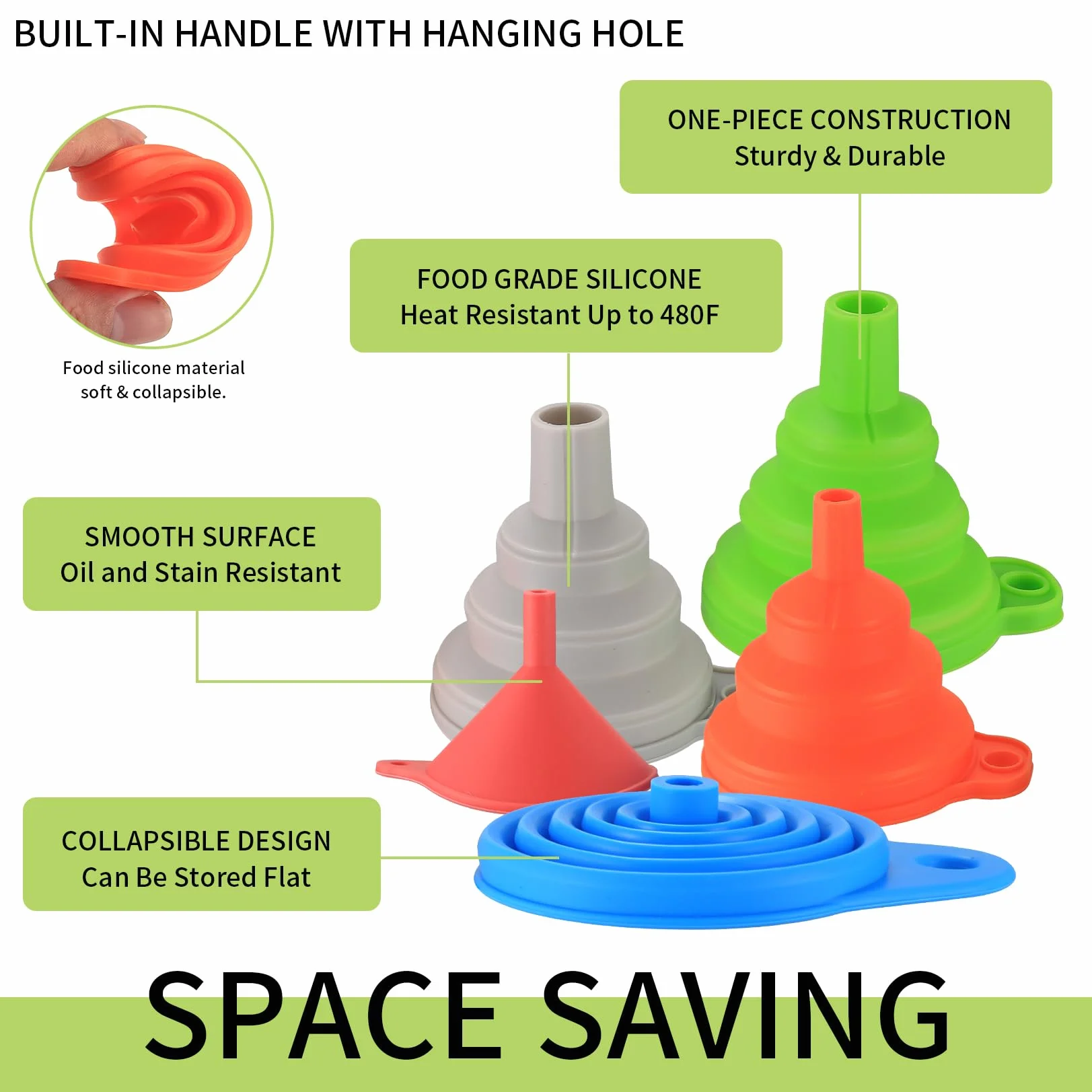 Embudo Plegable de Silicona 5 Piezas para Cocina, Transferencia de Líquidos - Pequeño/Mediano/Grande, 5 Colores