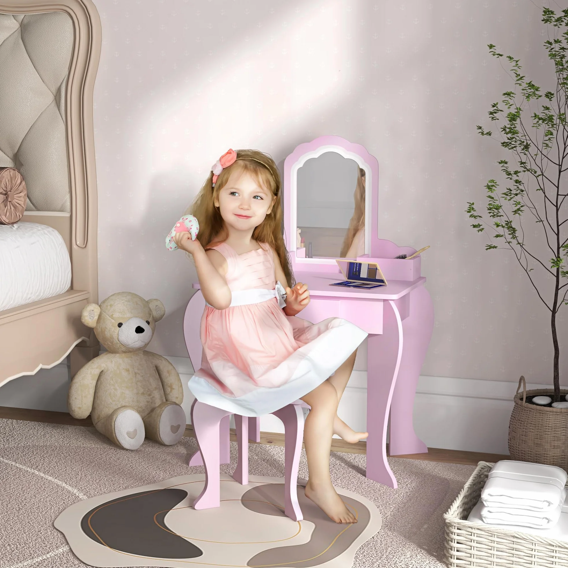 ZONEKIZ Tocador Infantil Mesa de Maquillaje con Taburete y Espejo para Niñas +3 Años Rosa