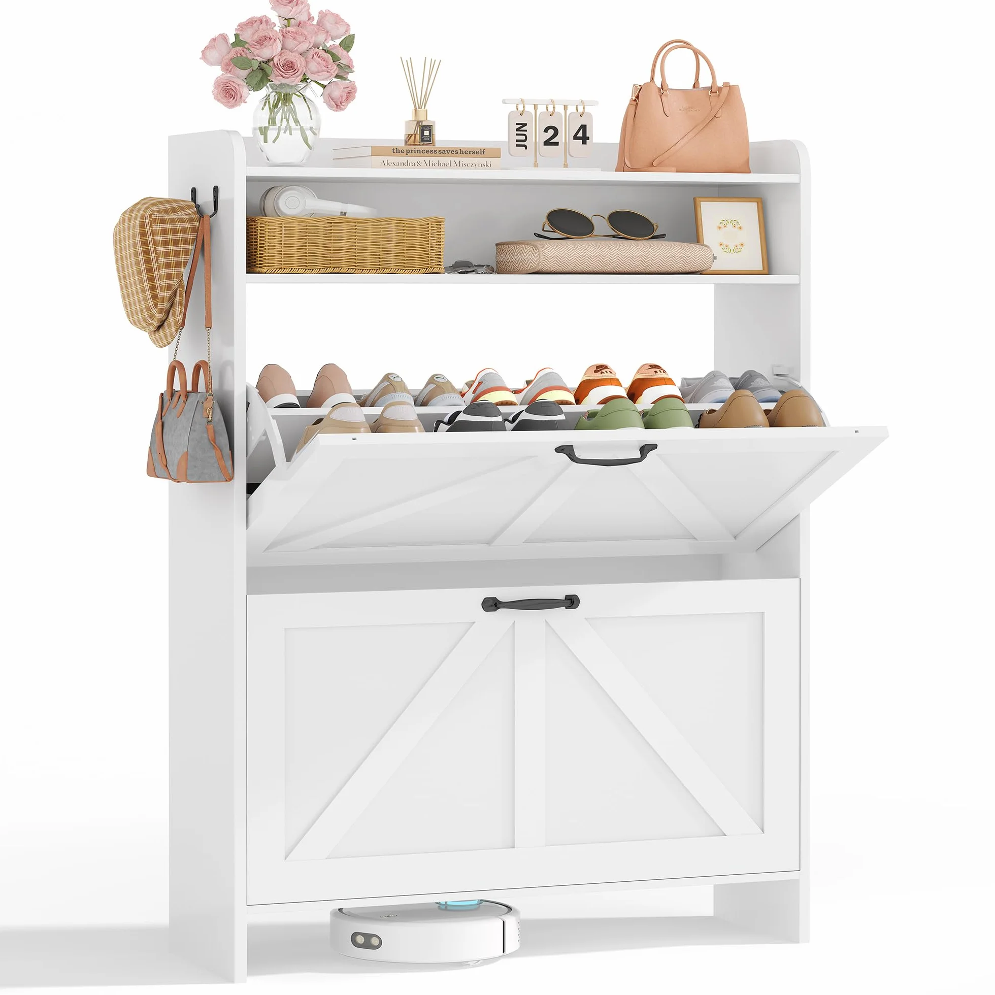 Zapatero Recibidor 24cm, Mueble Zapatero con 2 Cajones y Estantes Ajustables, para 16-20 Pares de Zapatos,Zapatero Estrecho Ideal para Entrada, Salón, Pasillo,24 x 76 x 112 cm, Blanco