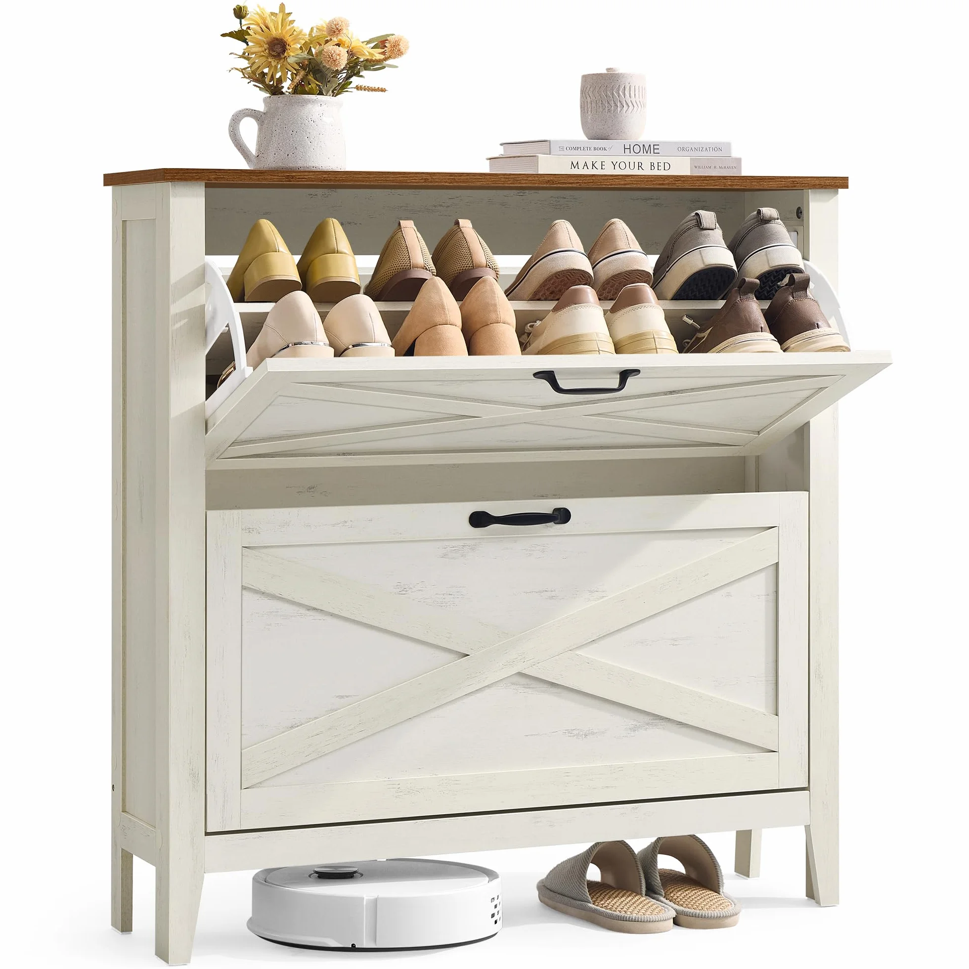 VASAGLE LIRY Colección - Mueble Zapatero, con 2 Cajones Abatibles, Zapatero Estrecho Independiente para Entrada, Estilo Rústico, para 12 a 16 Pares, Blanco Rústico HSC201W01