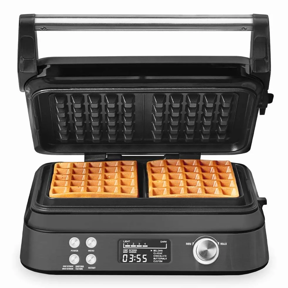 Gofrera belga con 7 niveles de tostado, 1600 W | Pantalla LCD, antiadherente, para gofres gruesos, revestimiento cerámico, altura ajustable, color negro