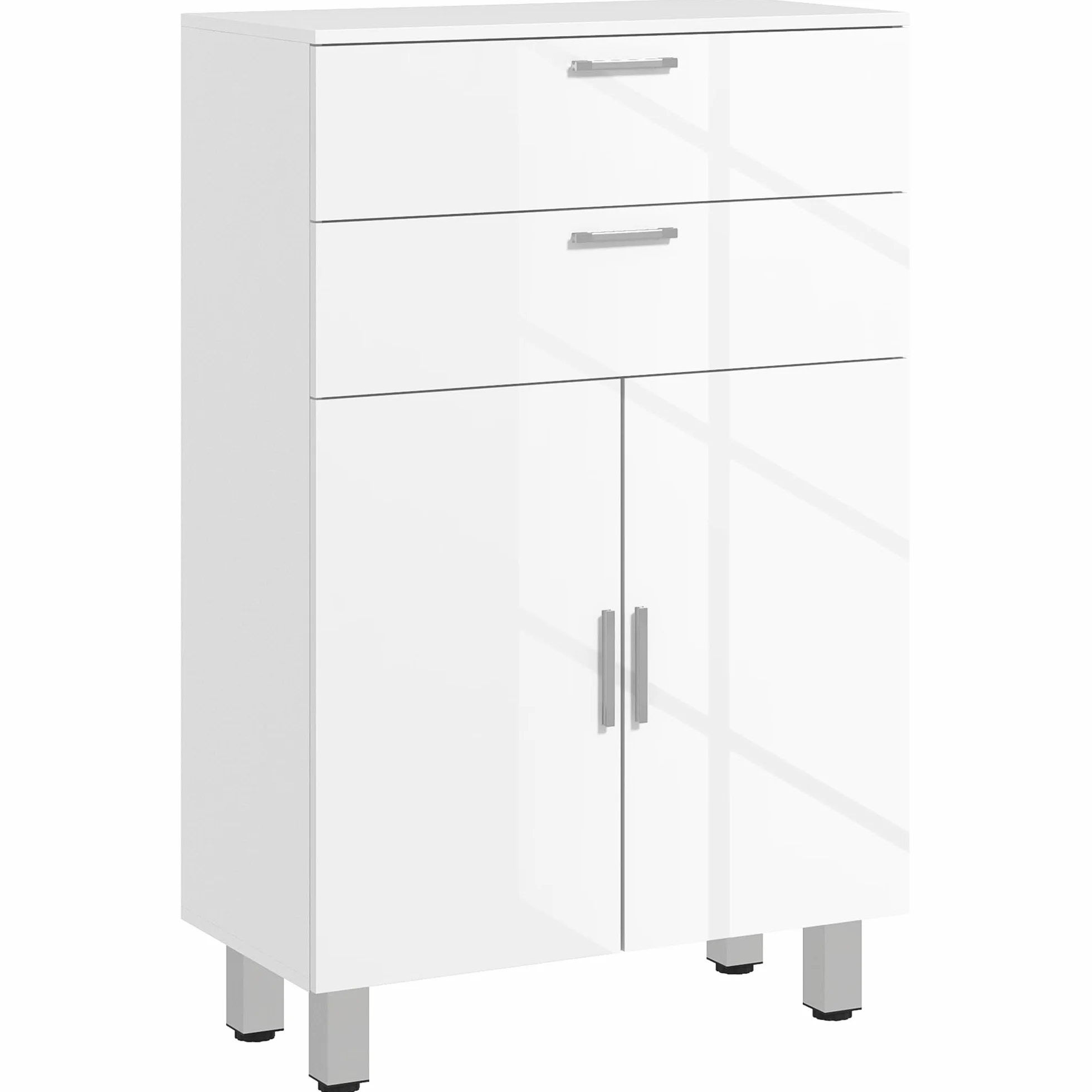 kleankin Mueble Auxiliar Baño Moderno Mueble de Baño con Estantes Ajustables y 2 Cajones Armario Mueble de Almacenaje para Dormitorio Salón Antivuelco Blanco Brillo Carga 35 kg 60x30x93 cm