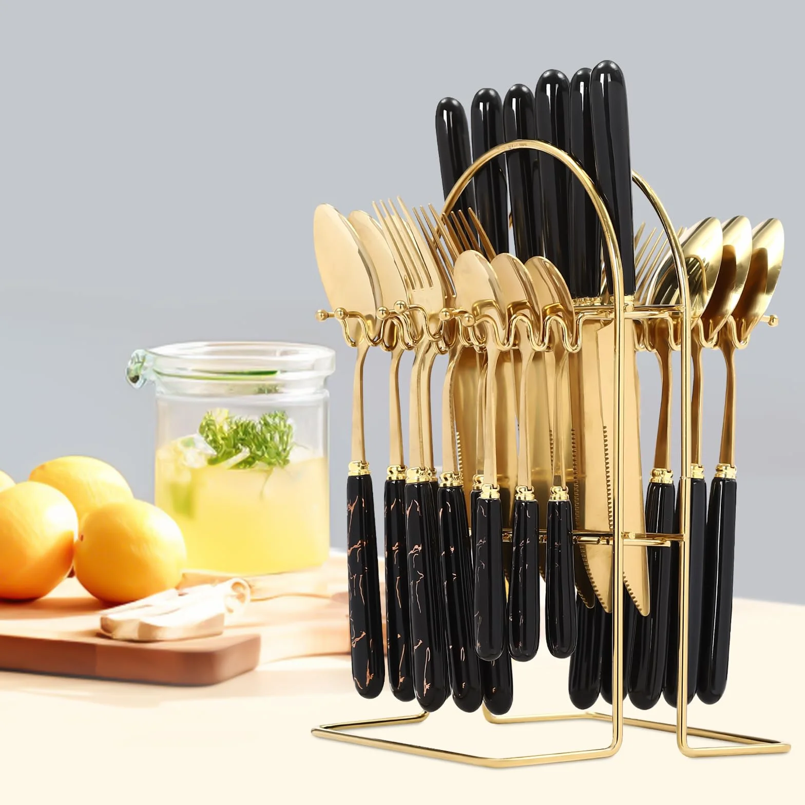 Juego de cubiertos de 24 piezas de acero inoxidable con soporte, hasta 6 personas, para familiares, reuniones de amigos, banquetes de vacaciones, bodas, etc.