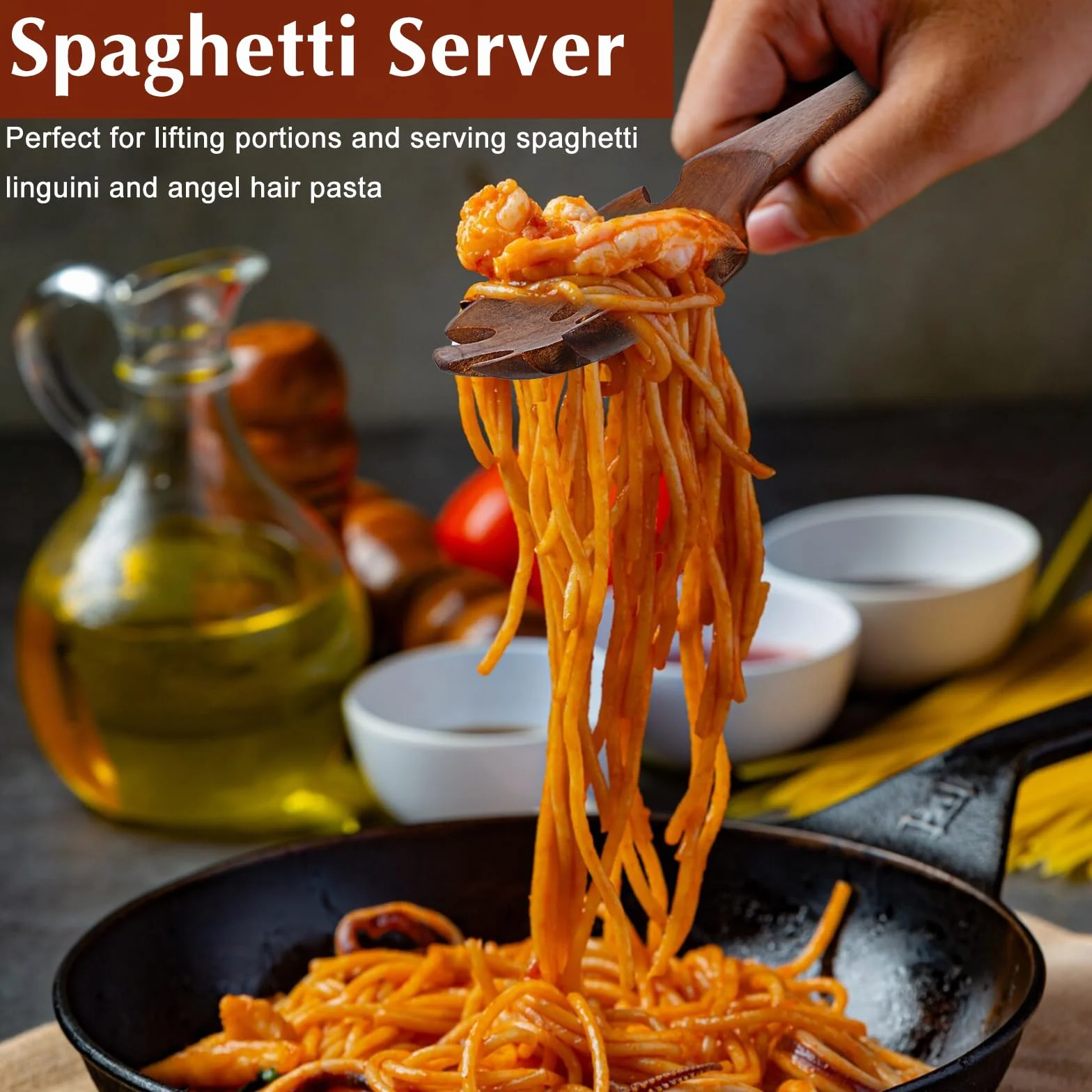 Cuchara de pasta con dientes, cuchara de madera para espagueti, tenedor y servidor resistente al calor