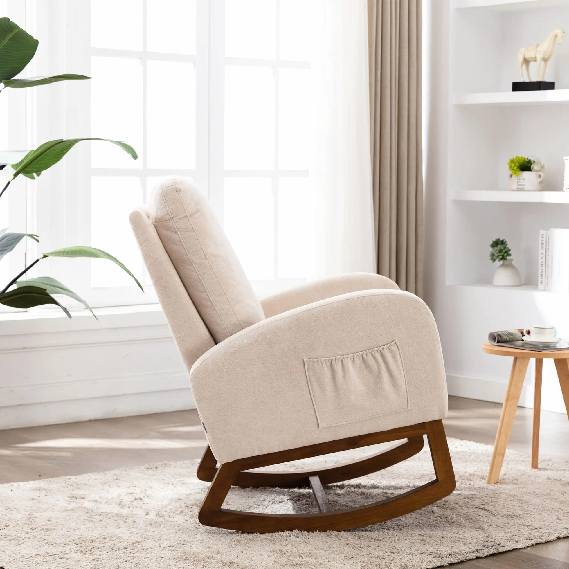 Silla mecedora acolchada para habitación infantil Glider Rocker para bebés y niños, sillón Comfy con bolsillo lateral, sillón de salón con respaldo alto (beige), yaoyi-01