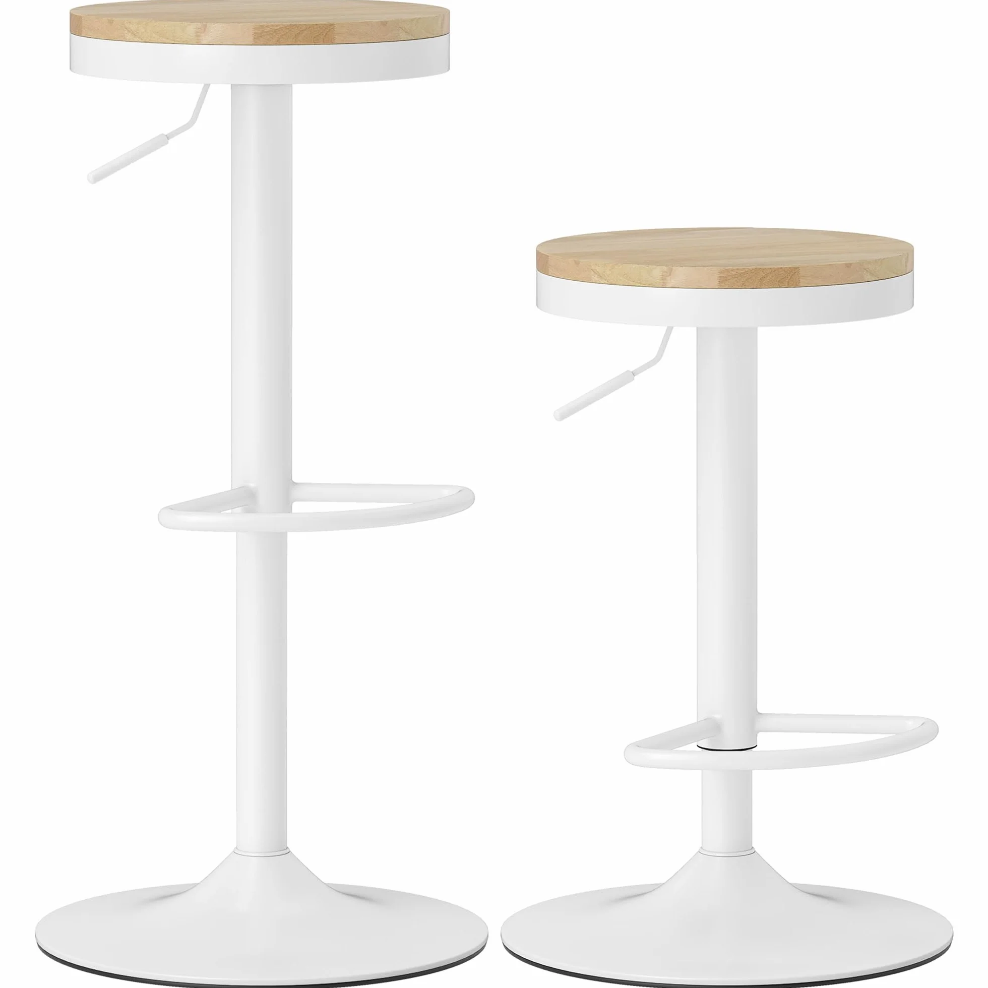 HOMCOM Juego de 2 Taburetes de Bar Giratorios Taburetes Altos de Cocina con Altura Ajustable 60-80 cm Asiento de Madera Marco de Acero y Reposapiés para Comedor Mostrador Natural y Blanco
