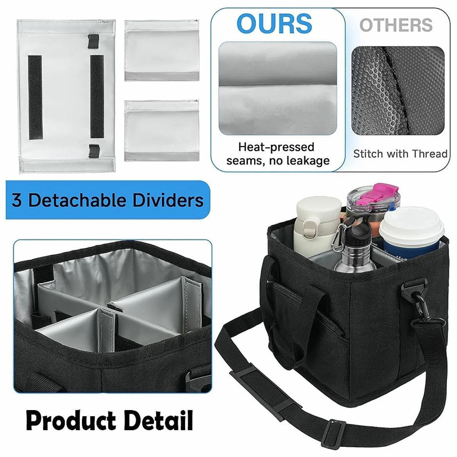 Bolsa para Bebidas Plegable Y Reutilizable con Cuatro Compartimentos, Soporte Isotérmico para Botella de Agua, Diseño Ligero E Impermeable Y Longitud, Negro, Individual