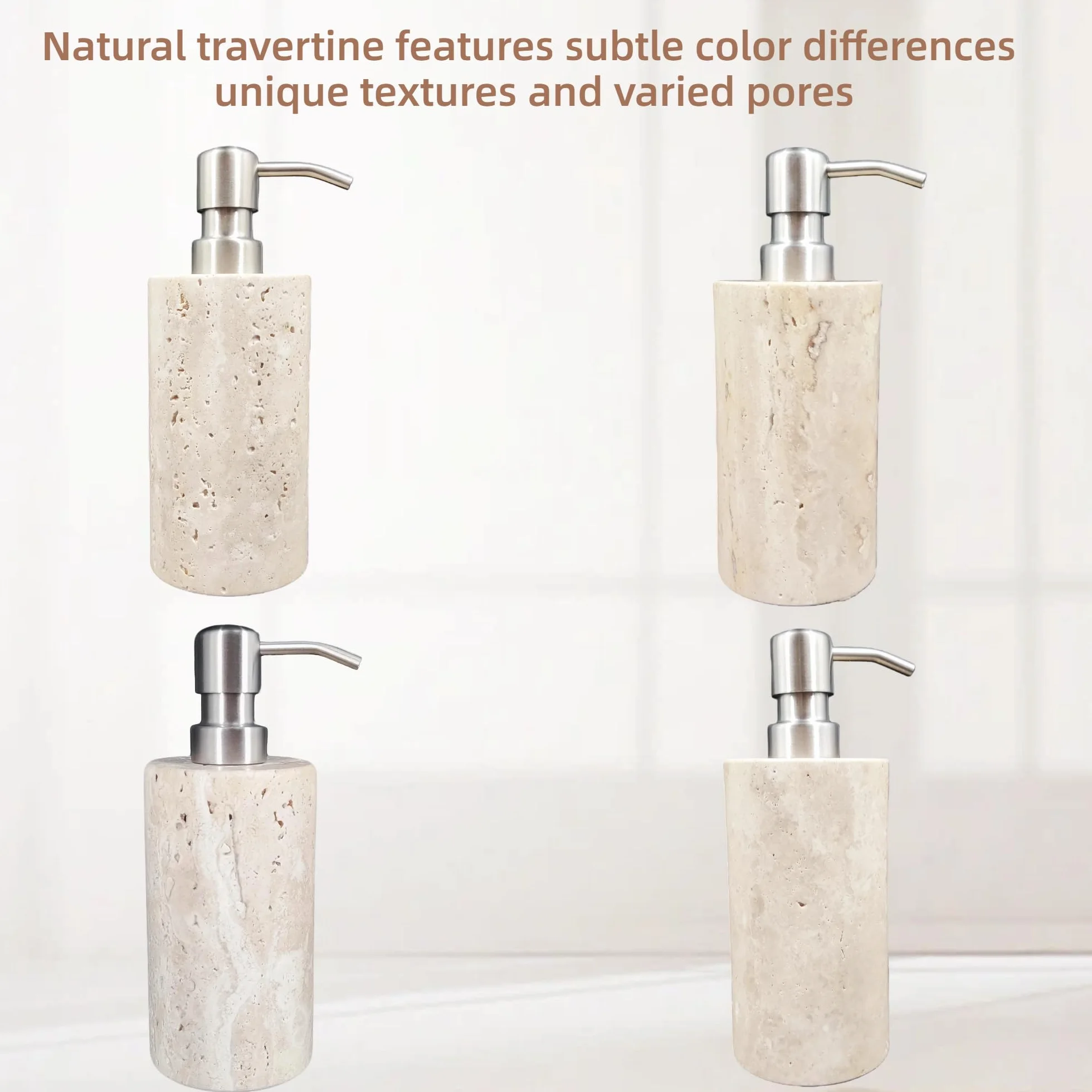 Dispensador de jabón de mármol travertino natural con bomba de acero inoxidable, botellas de jabón líquido de loción de mármol para cocina y baño