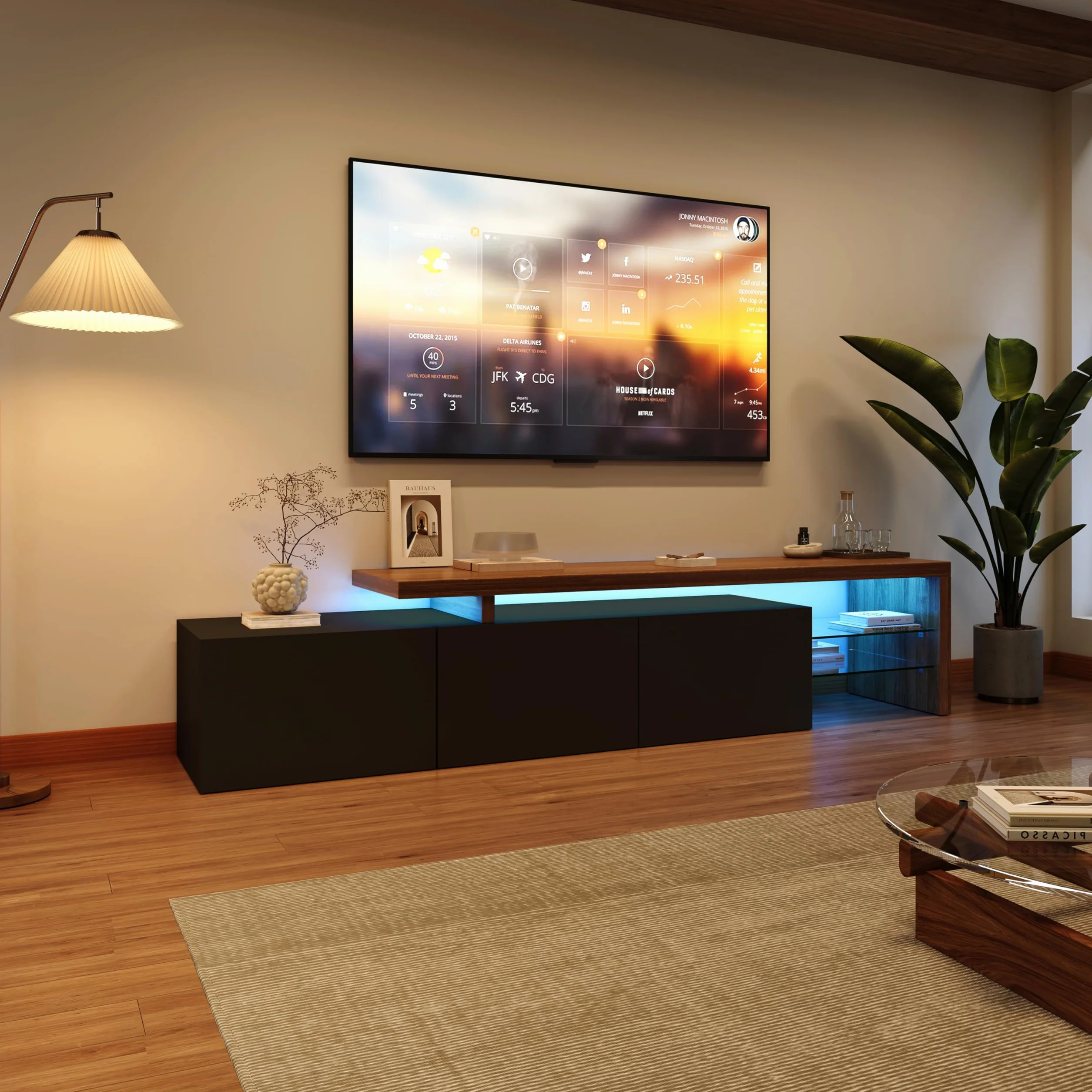 Moderno mueble de TV con LED, mesa de TV con 3 compartimentos, mueble bajo de TV brillante, mesa de salón con estante de cristal, armario de almacenamiento en acabado madera (negro, 200 x 39 x 42 cm)