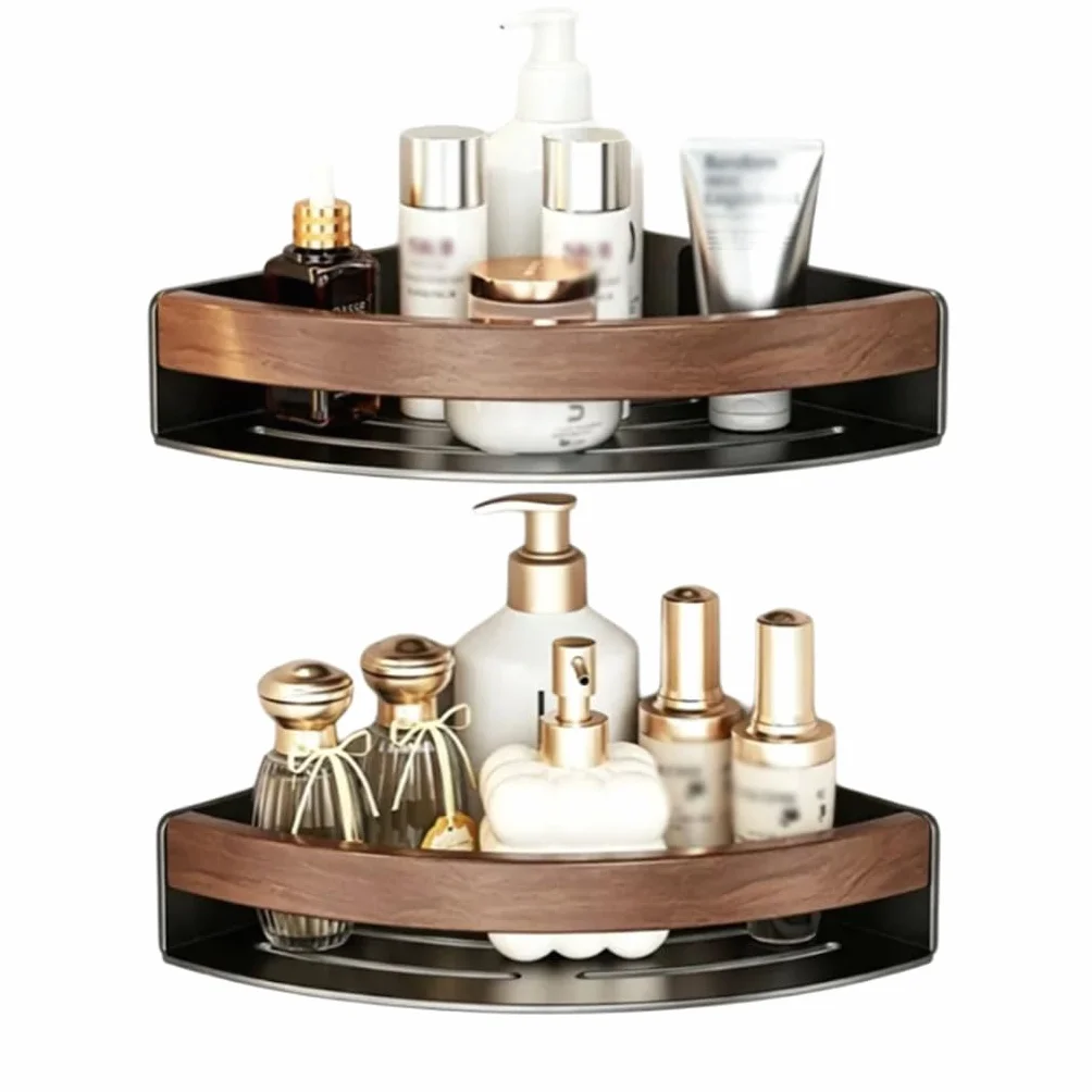 Estante de Ducha sin taladrar, Estante de Pared de 2 Niveles de Metal con Apariencia de Madera, Estante de Esquina ahorrador de Espacio Organizador de baño para baño, Inodoro, Lavabo