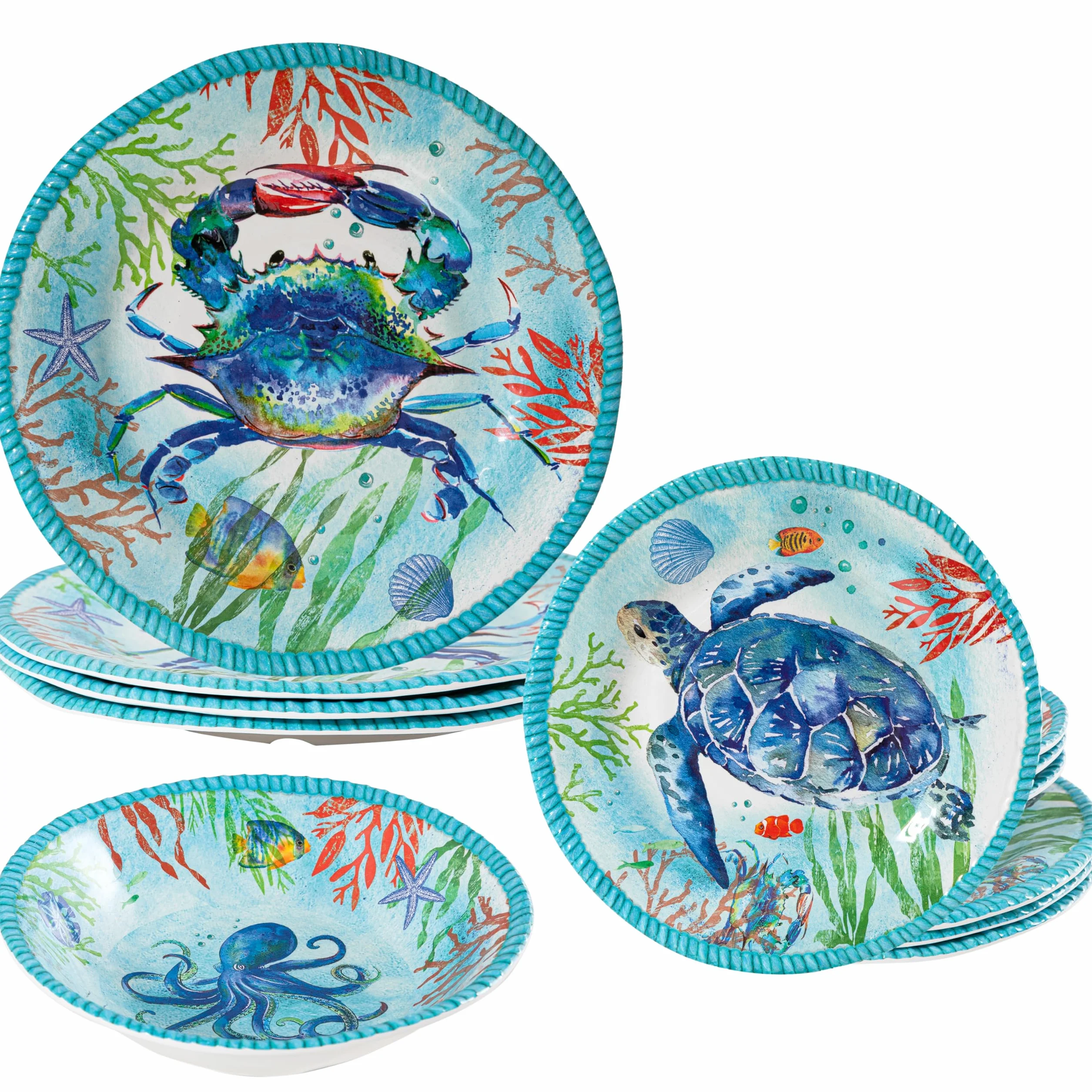 Juego de vajilla de melamina de 12 piezas, platos y cuencos con temática oceánica, juego de vajilla de platos costeros, servicio para 4, apto para lavavajillas