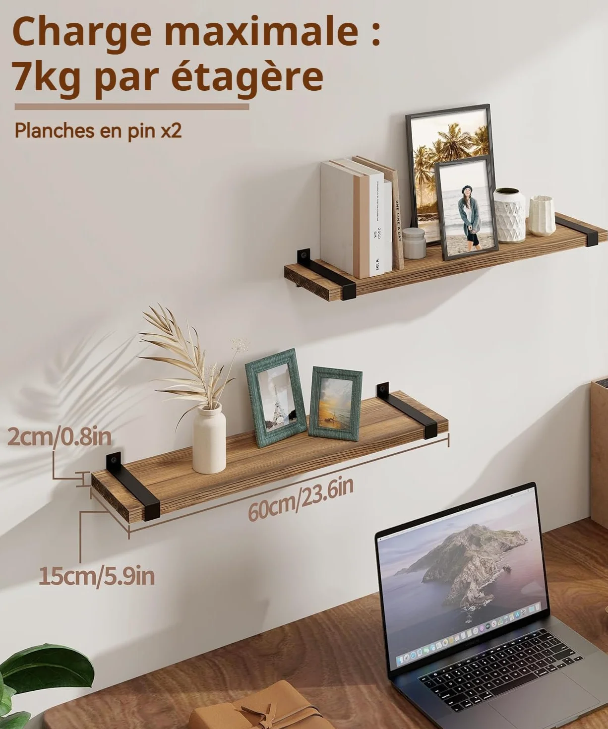 Gronda Estantería de Pared Larga, Baldas de Madera Marrón con Soporte Metal | 60cm Estantes de Pared Juego de 2, Repisa, Almacenaje, Decoración, Balda Flotante para Fotos, Plantas, para Salón