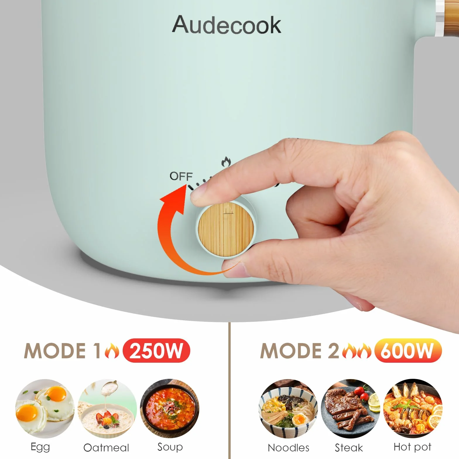 Audecook Olla Eléctrica 1,5L Mini Olla Multifuncional Portátil con Vaporera y Doble Control de Potencia